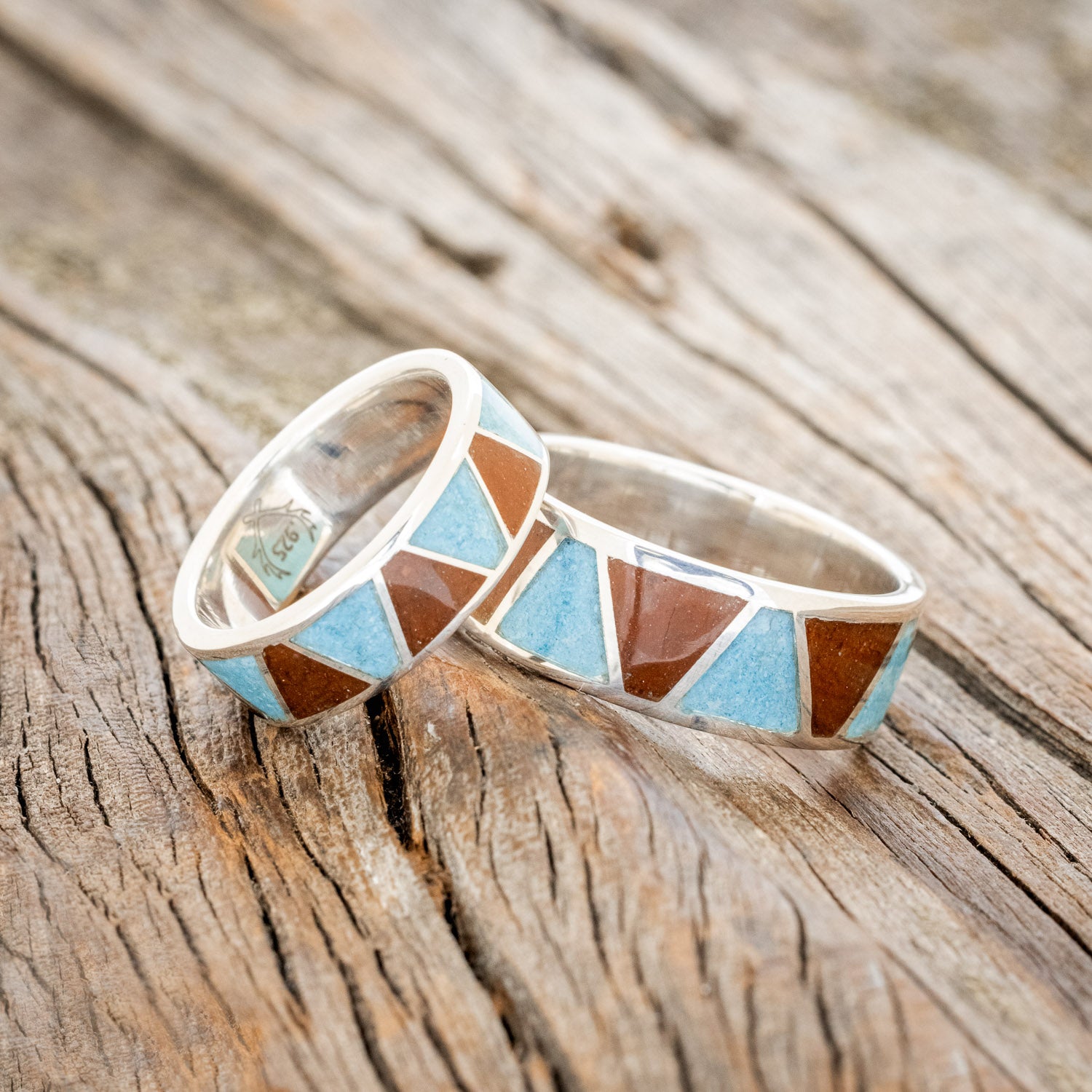 "POWELL" - MATCHING SET OF TERRACOTTA & TURQUOISE WEDDING BANDS-7