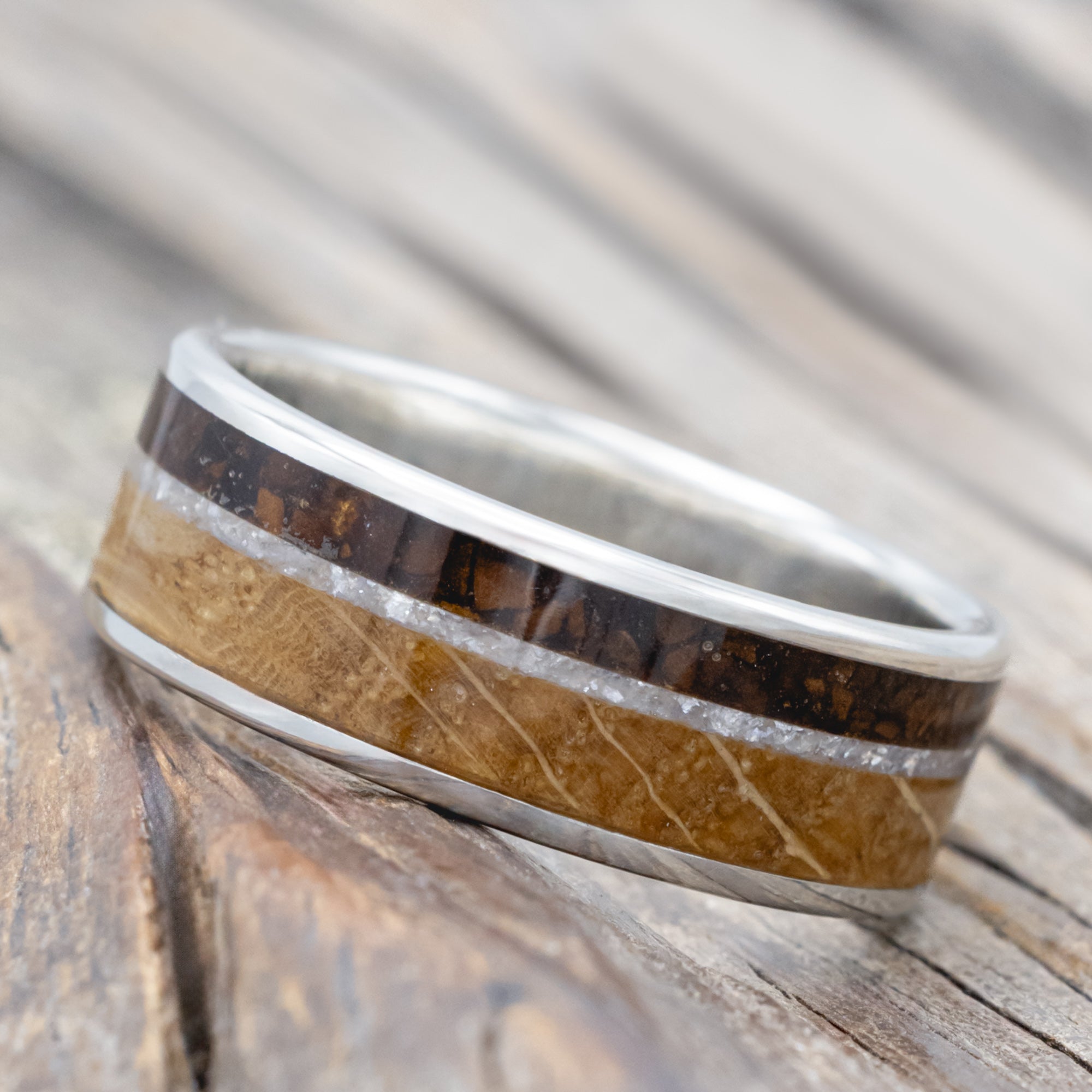 "Rainier" - Diamond Dust, Whiskey Barrel & Coffee Inlay Wedding Band-Staghead Designs