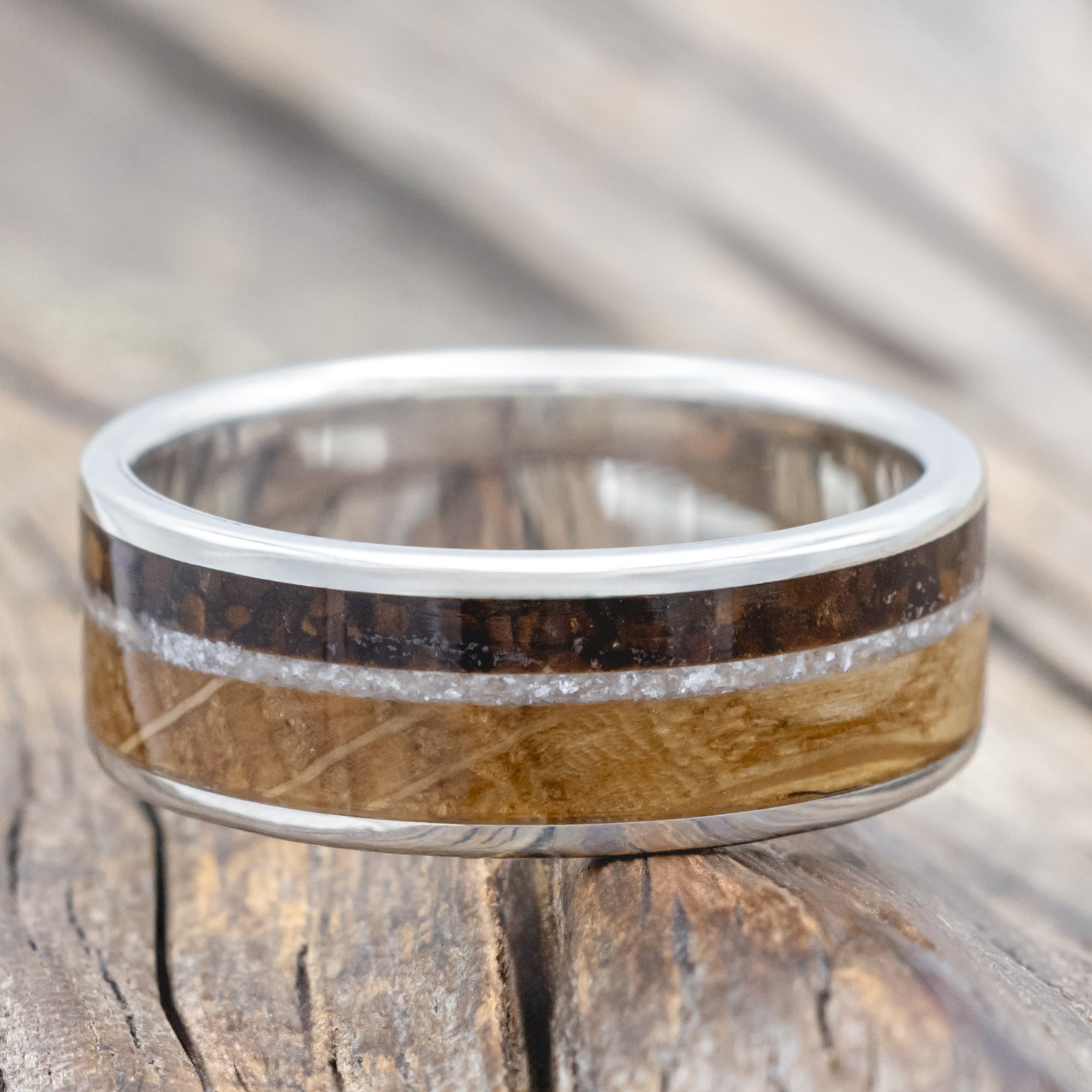 "Rainier" - Diamond Dust, Whiskey Barrel & Coffee Inlay Wedding Band-Staghead Designs