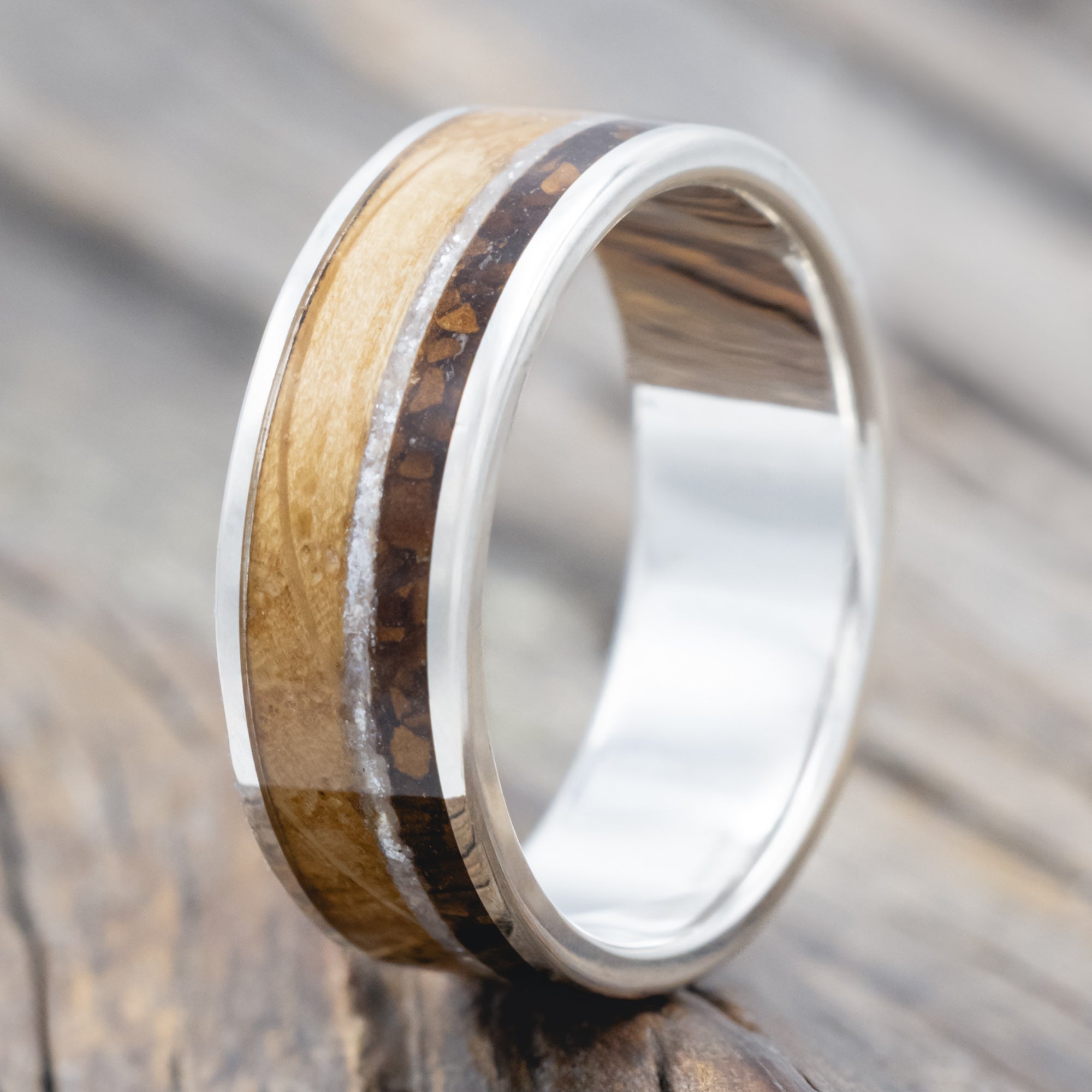 "Rainier" - Diamond Dust, Whiskey Barrel & Coffee Inlay Wedding Band-Staghead Designs