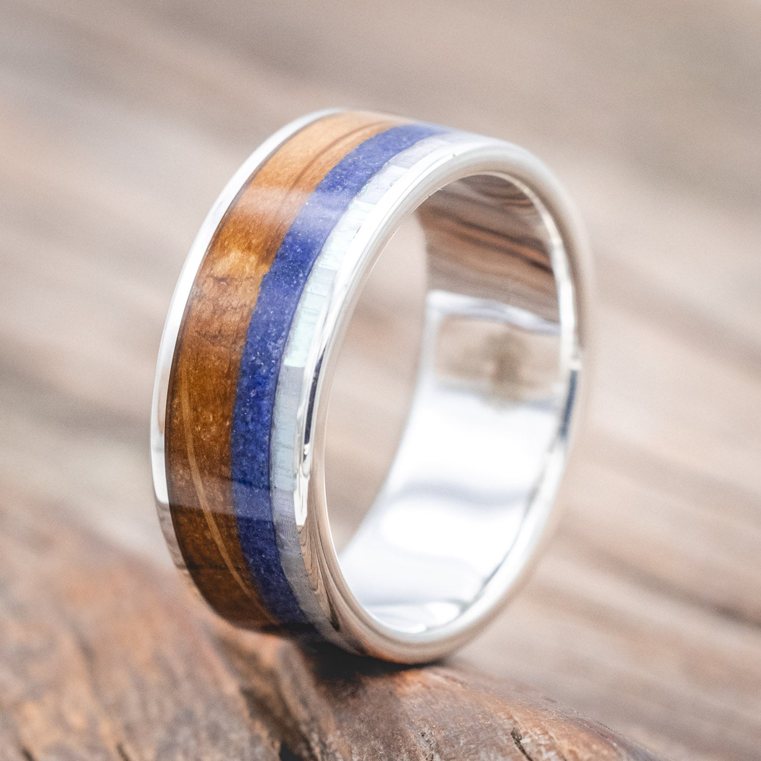 "RAINIER" - MOTHER OF PEARL, LAPIS LAZULI & WHISKEY BARREL OAK WEDDING BAND-Staghead Designs