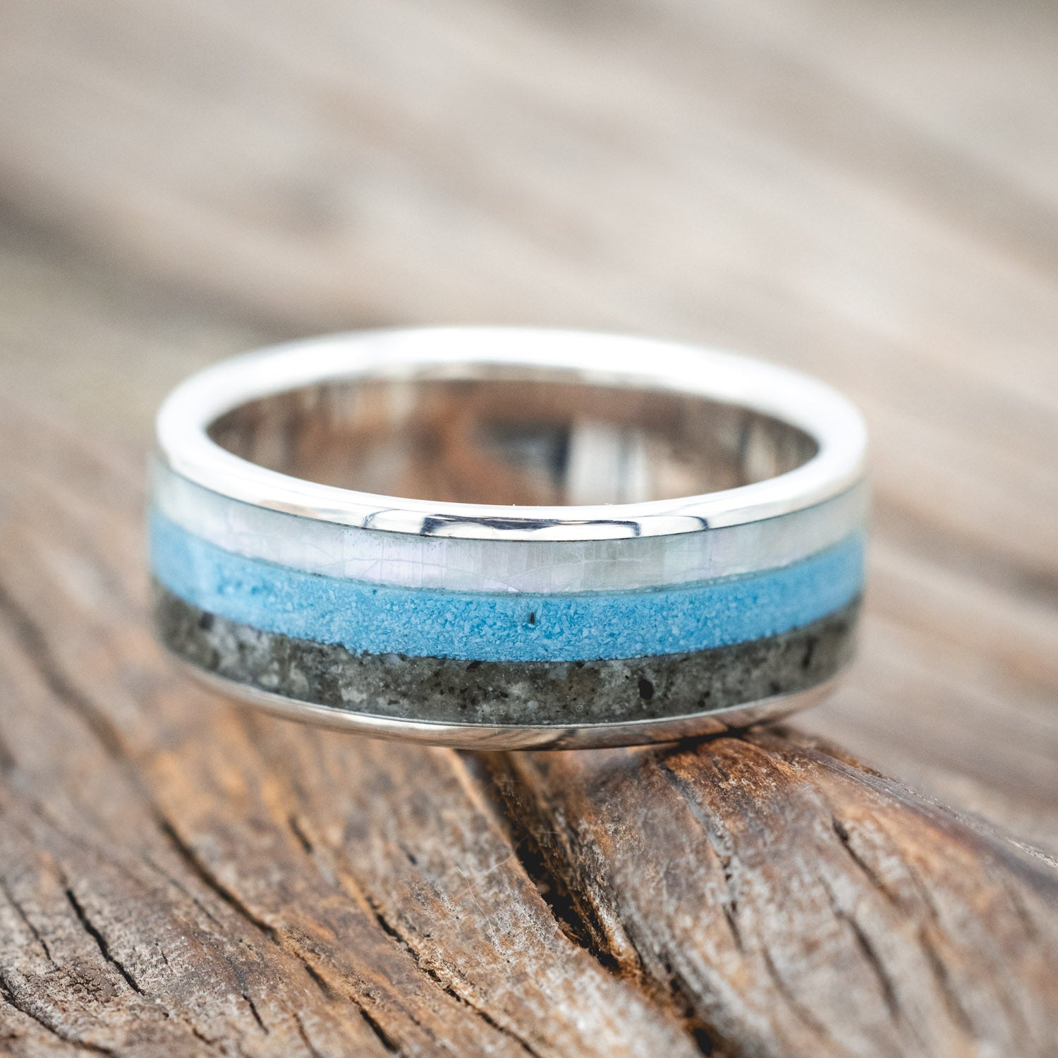 "RAINIER" - MOTHER OF PEARL, TURQUOISE & CRUSHED MOONSTONE WEDDING BAND-Staghead Designs