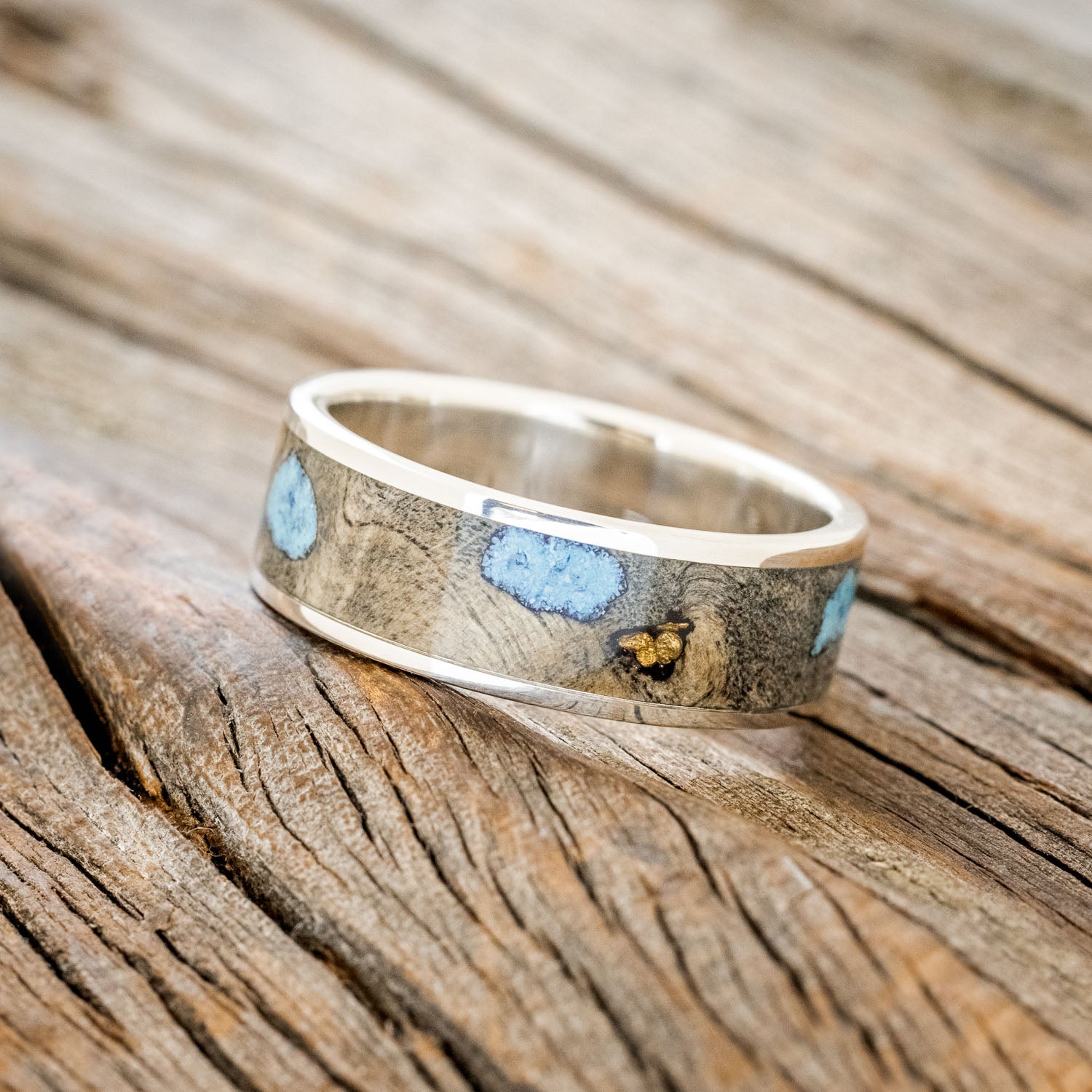 "RAINIER" - BUCKEYE BURL WOOD, GOLD NUGGETS & TURQUOISE WEDDING BAND-11