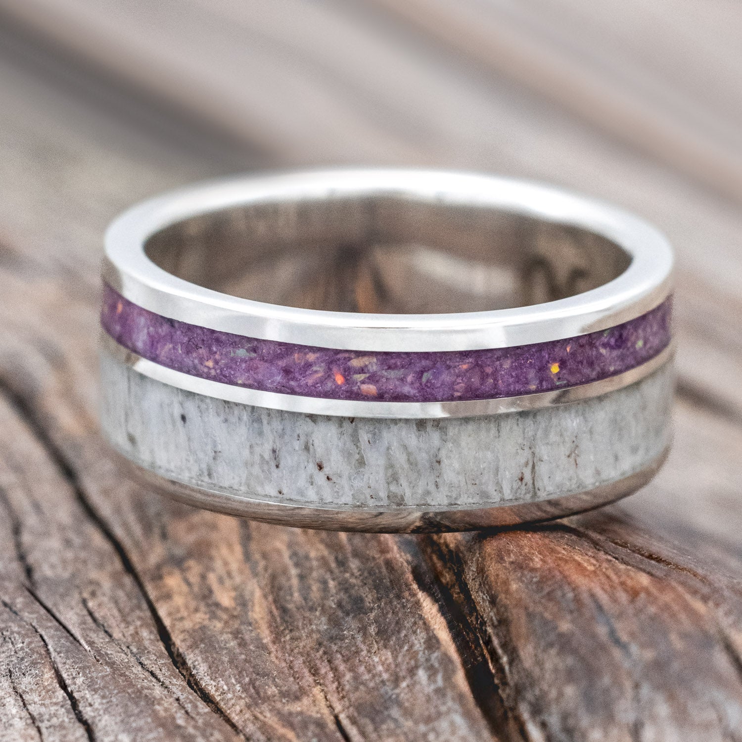 "RAPTOR" - ANTLER WITH SUGILITE & OPAL MIX WEDDING BAND-Staghead Designs