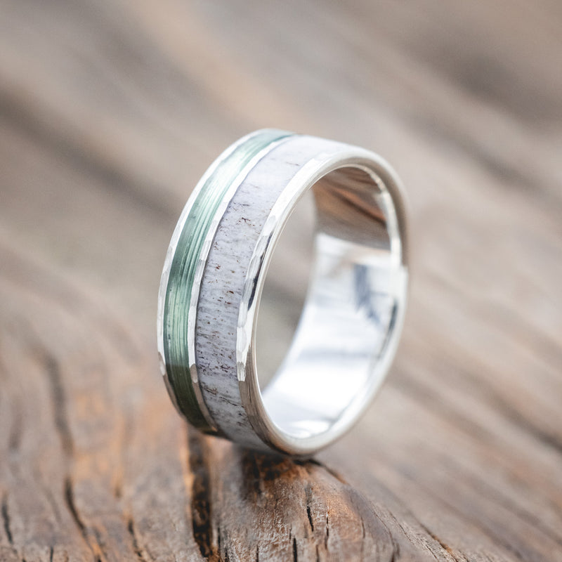 "RAPTOR" - ANTLER & FISHING LINE WEDDING RING FEATURING A HAMMERED BAND-Staghead Designs