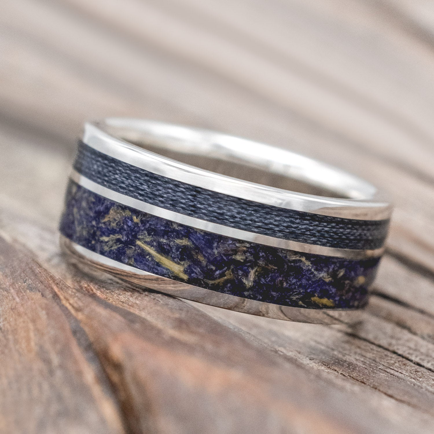 "RAPTOR" - BLUEBELL PETALS & GREY FISHING LINE INLAY WEDDING RING-Staghead Designs