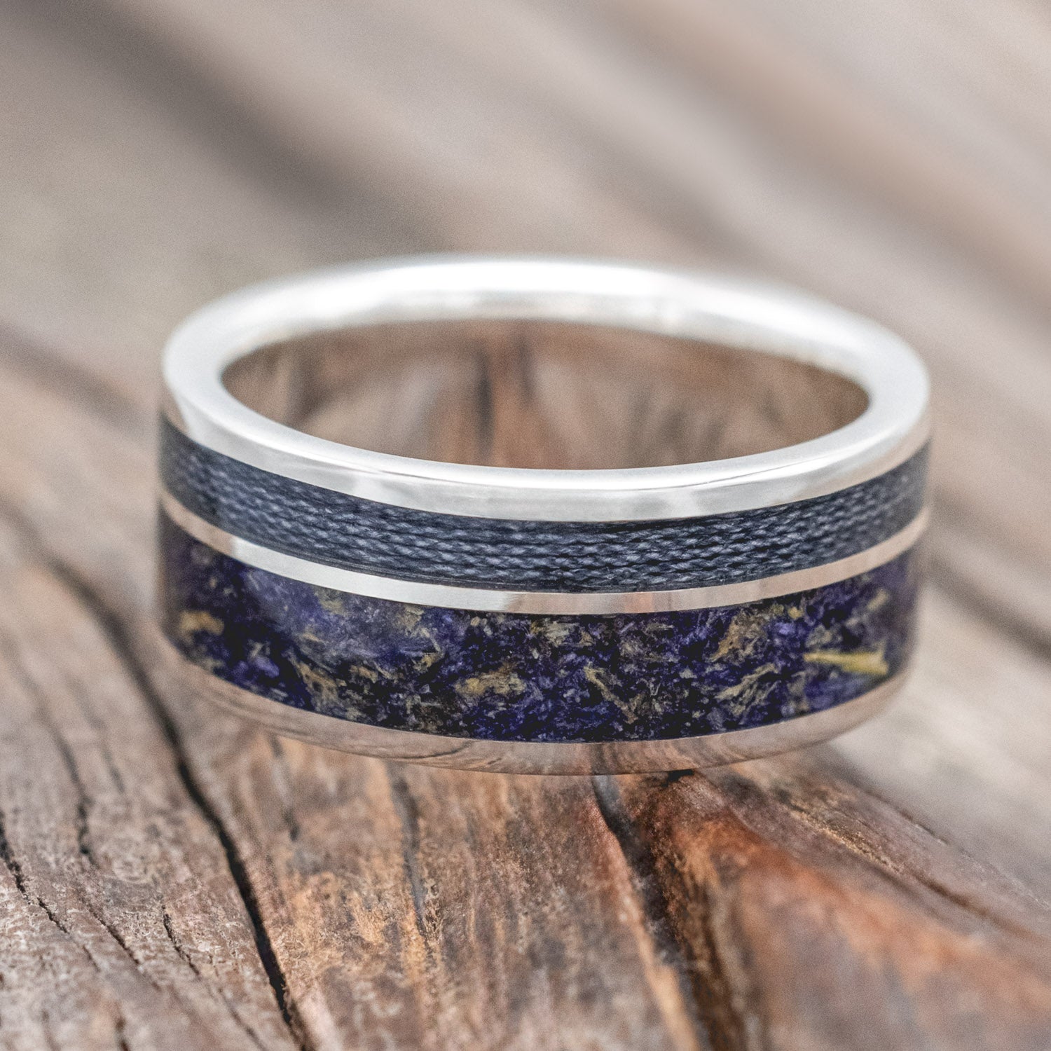 "RAPTOR" - BLUEBELL PETALS & GREY FISHING LINE INLAY WEDDING RING-Staghead Designs
