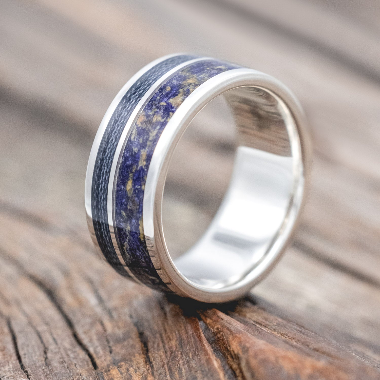 "RAPTOR" - BLUEBELL PETALS & GREY FISHING LINE INLAY WEDDING RING-Staghead Designs