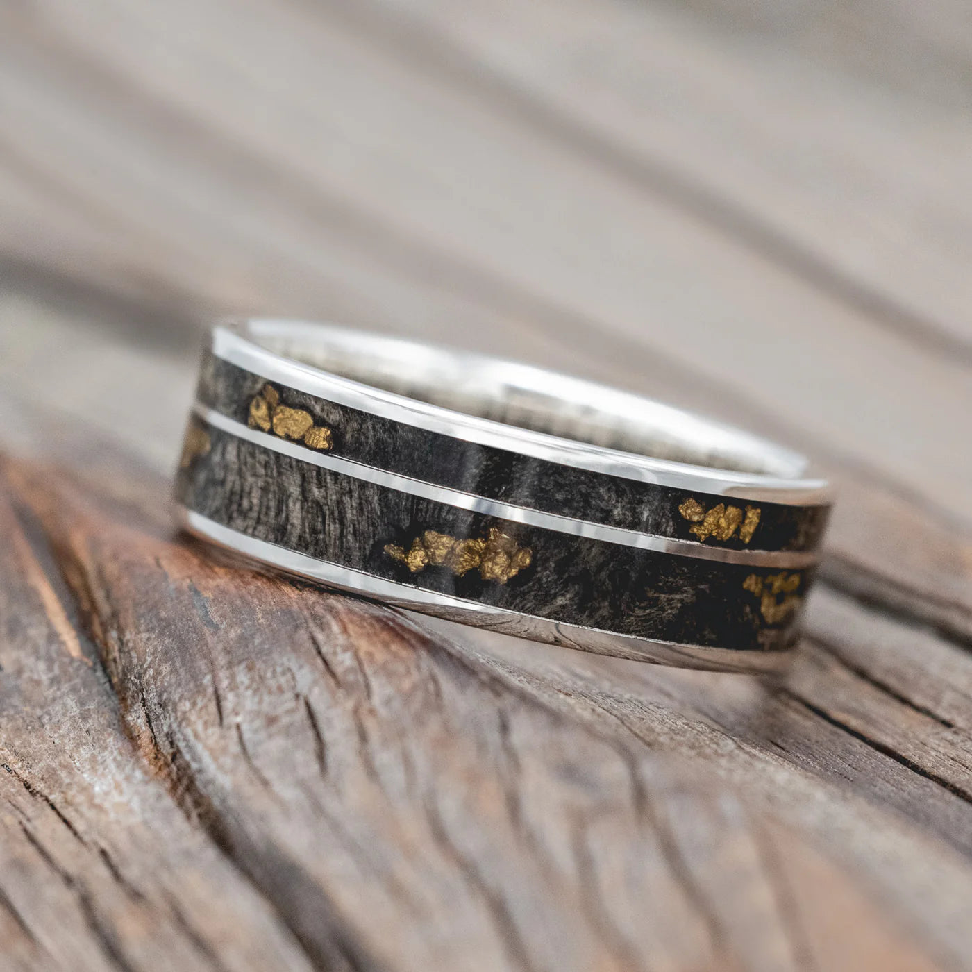 "RAPTOR" - BUCKEYE BURL WOOD WITH GOLD NUGGET INLAYS WEDDING RING - SILVER - SIZE 12 1/2-Staghead Designs