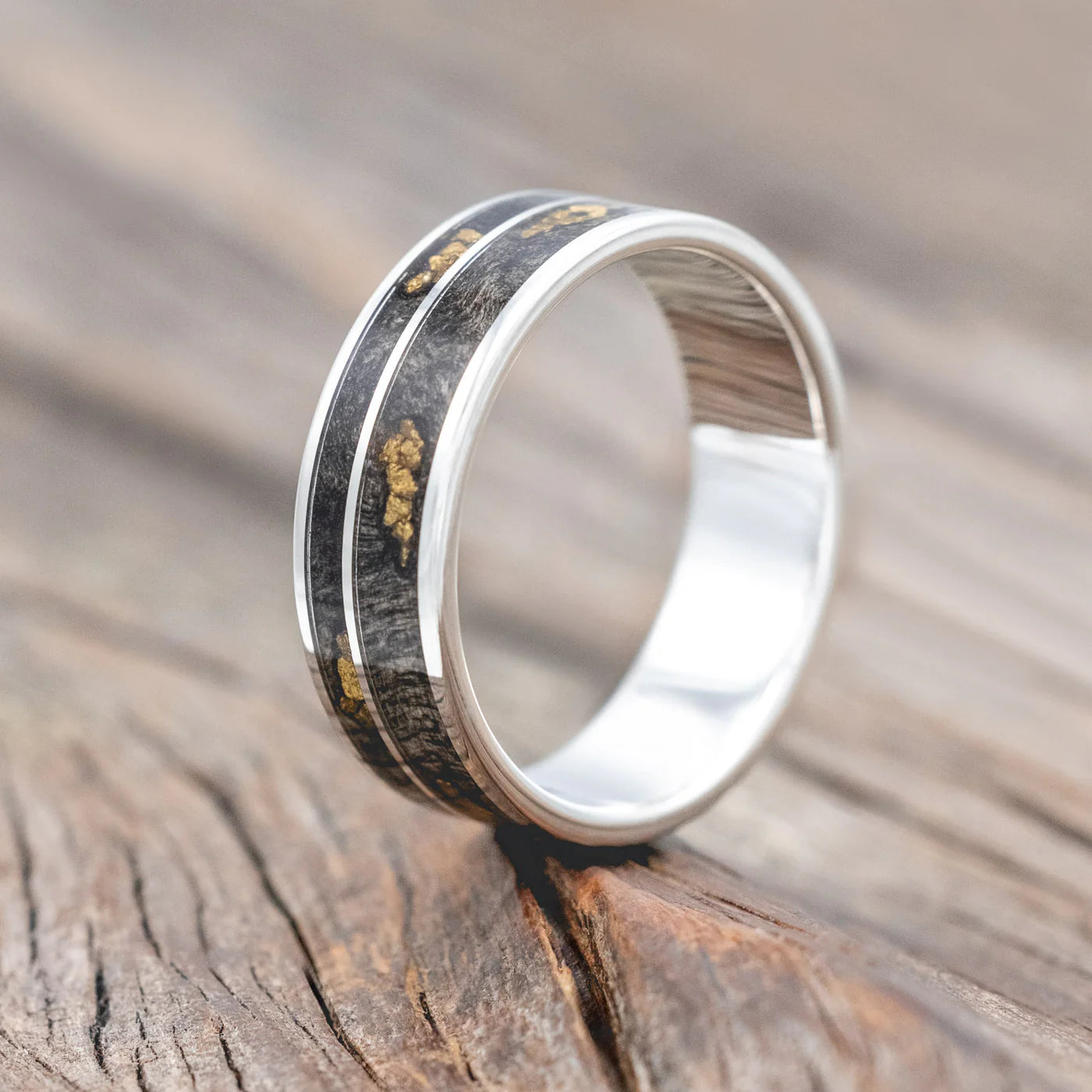 "RAPTOR" - BUCKEYE BURL WOOD WITH GOLD NUGGET INLAYS WEDDING RING - SILVER - SIZE 12 1/2-Staghead Designs
