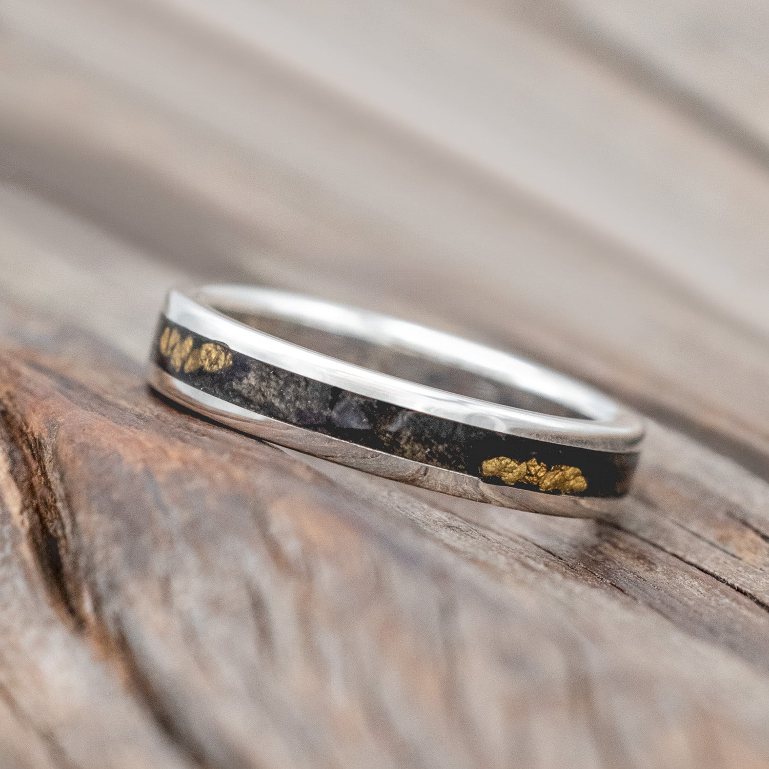 "RAPTOR" - MATCHING SET OF BUCKEYE BURL WOOD & GOLD NUGGETS WEDDING BANDS-Staghead Designs