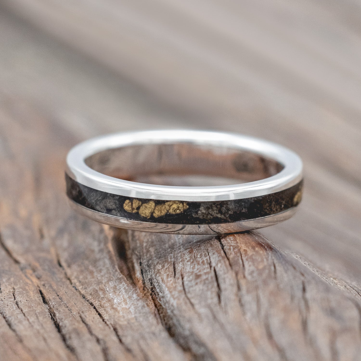 "RAPTOR" - MATCHING SET OF BUCKEYE BURL WOOD & GOLD NUGGETS WEDDING BANDS-Staghead Designs