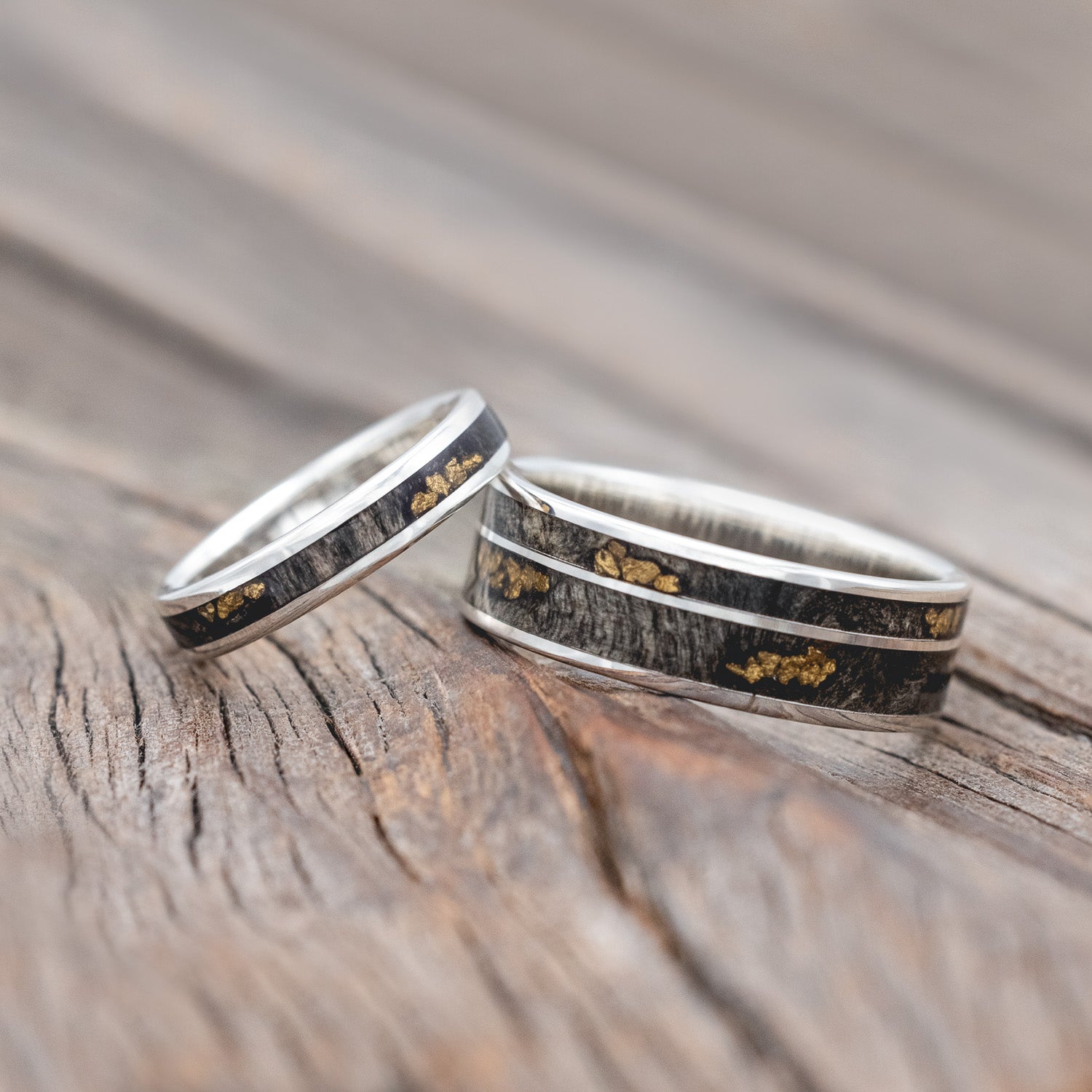 "RAPTOR" - MATCHING SET OF BUCKEYE BURL WOOD & GOLD NUGGETS WEDDING BANDS-Staghead Designs
