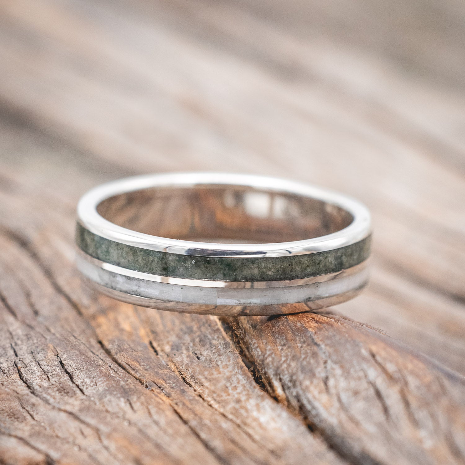 "RAPTOR" - MOTHER OF PEARL & CRUSHED MOSS AGATE WEDDING BAND-Staghead Designs