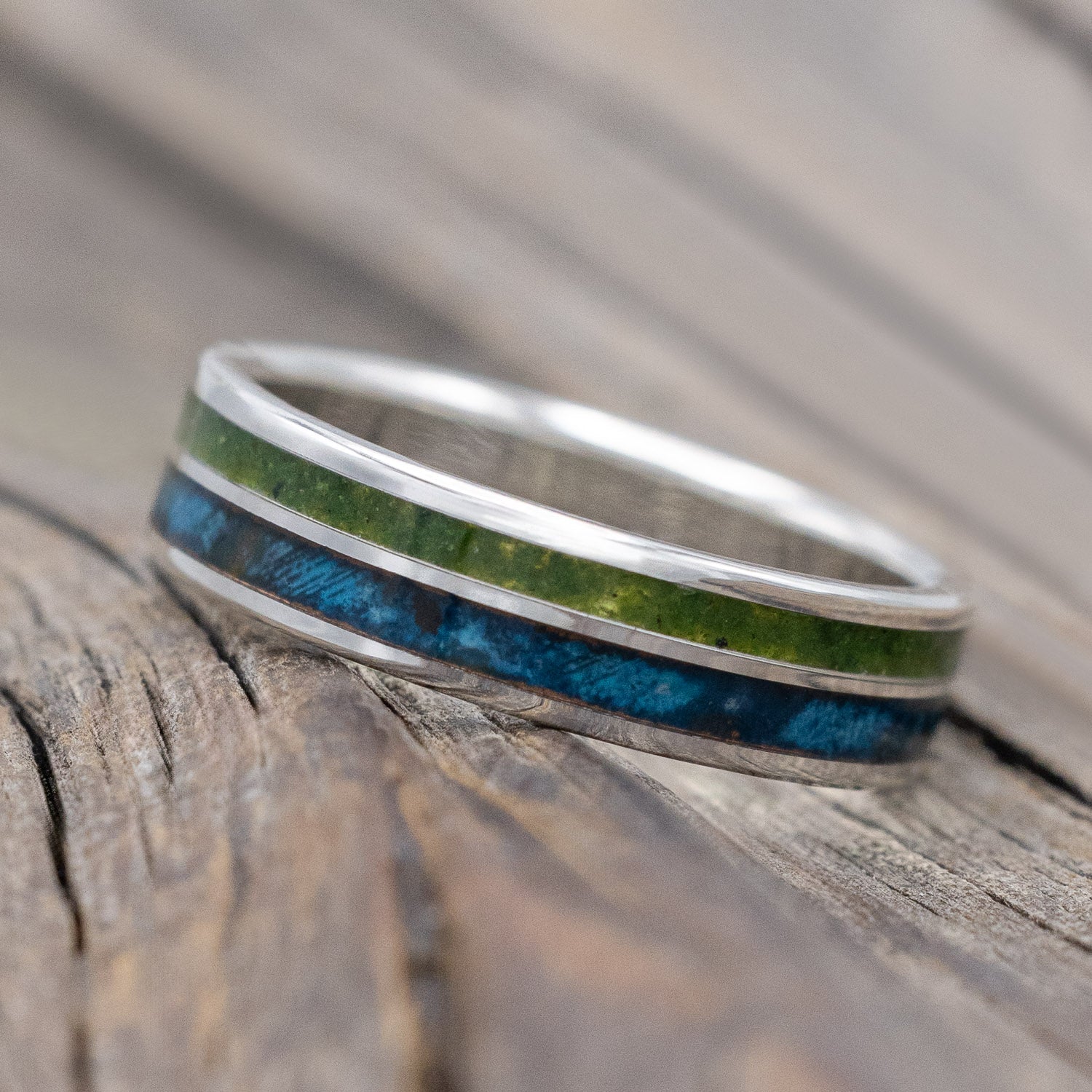 "RAPTOR" - PATINA COPPER WITH MOLDAVITE & MOSS MIX WEDDING MATCHING SET-Staghead Designs