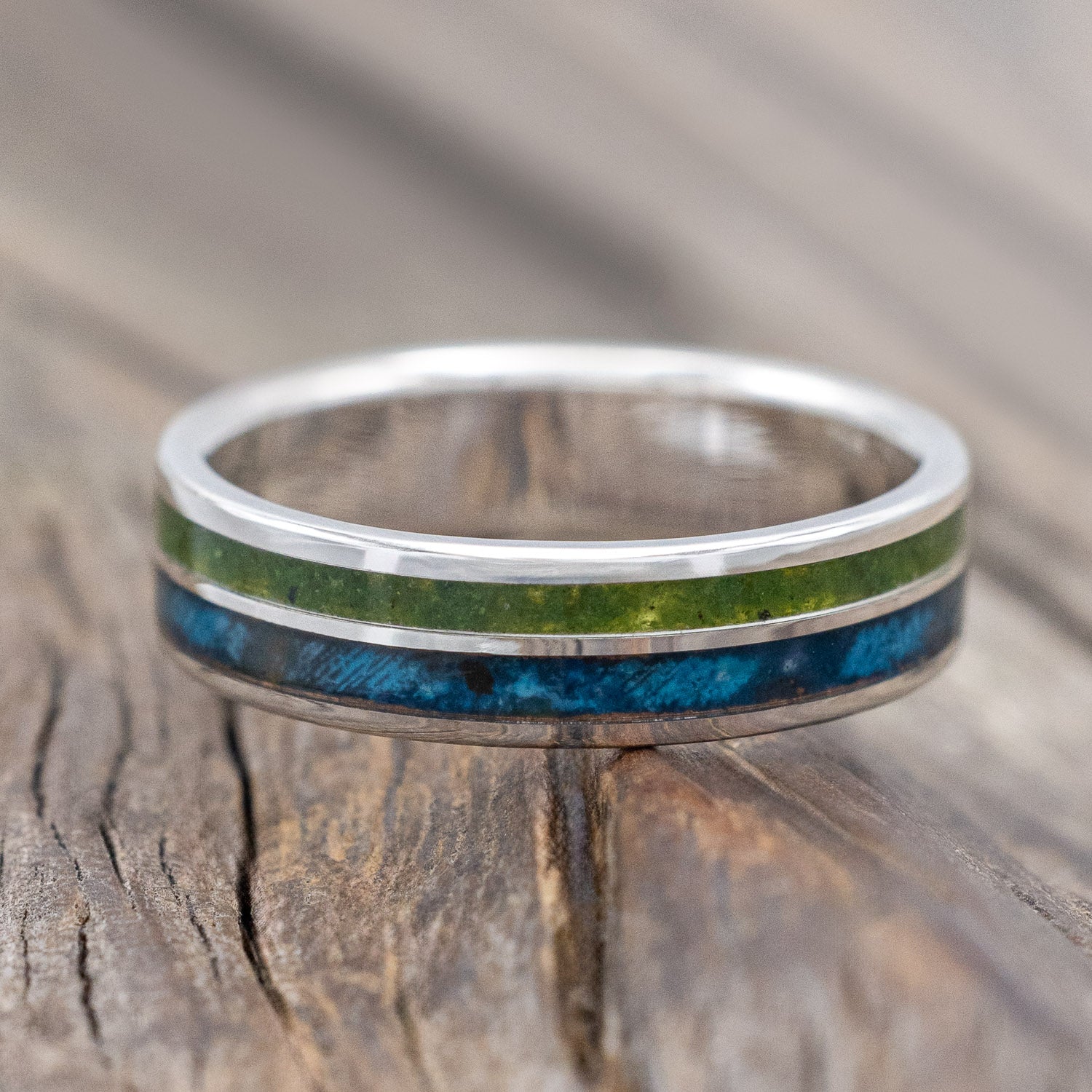 "RAPTOR" - PATINA COPPER WITH MOLDAVITE & MOSS MIX WEDDING MATCHING SET-Staghead Designs