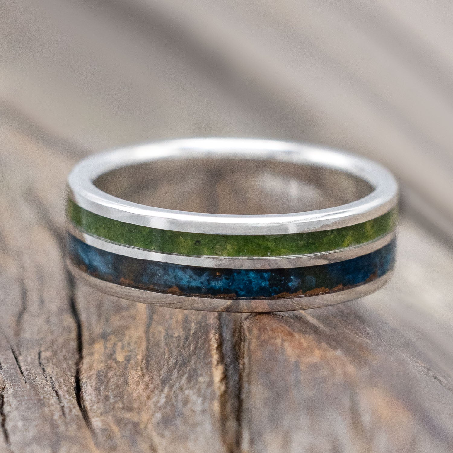 "RAPTOR" - PATINA COPPER WITH MOLDAVITE & MOSS MIX WEDDING BAND-Staghead Designs