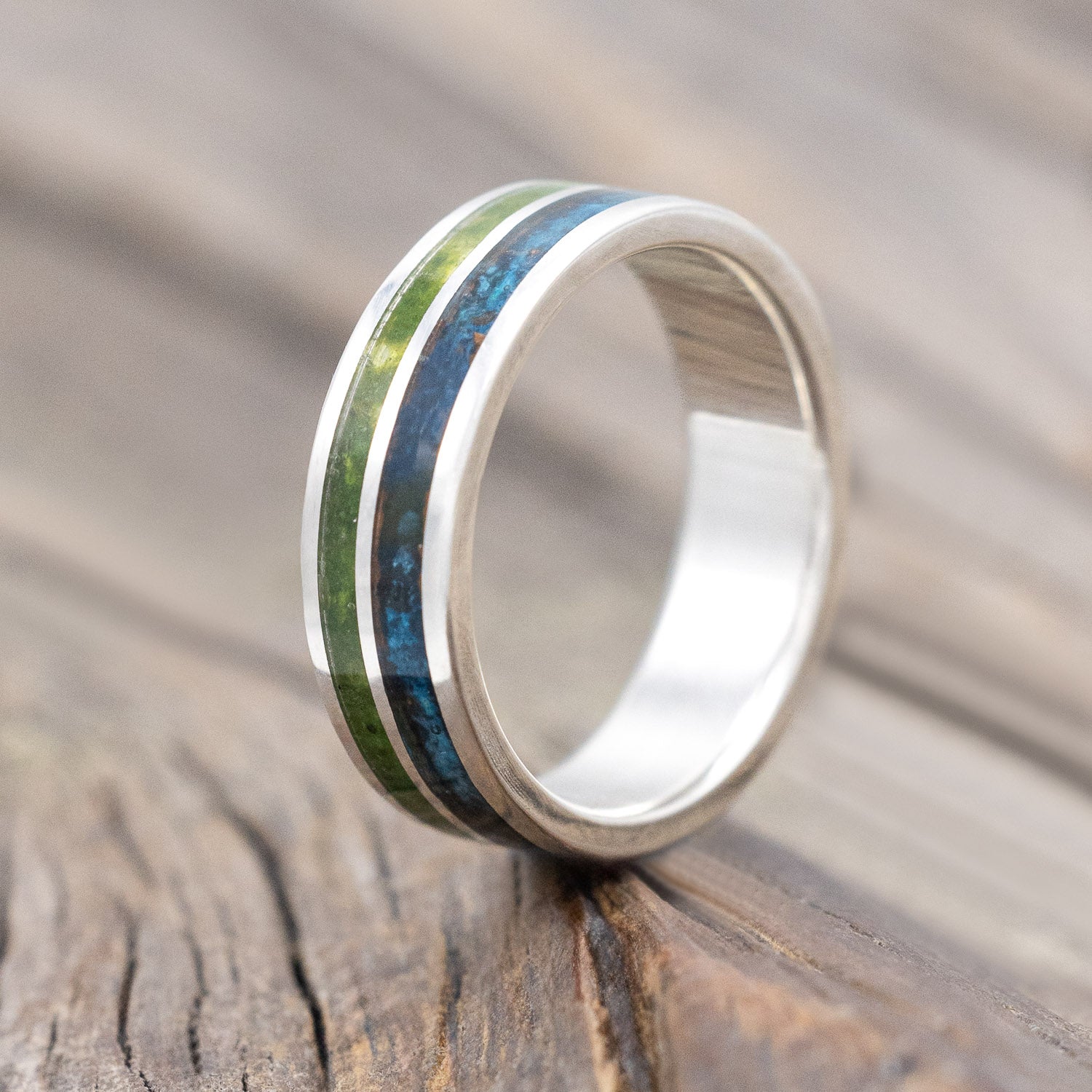 "RAPTOR" - PATINA COPPER WITH MOLDAVITE & MOSS MIX WEDDING BAND-Staghead Designs