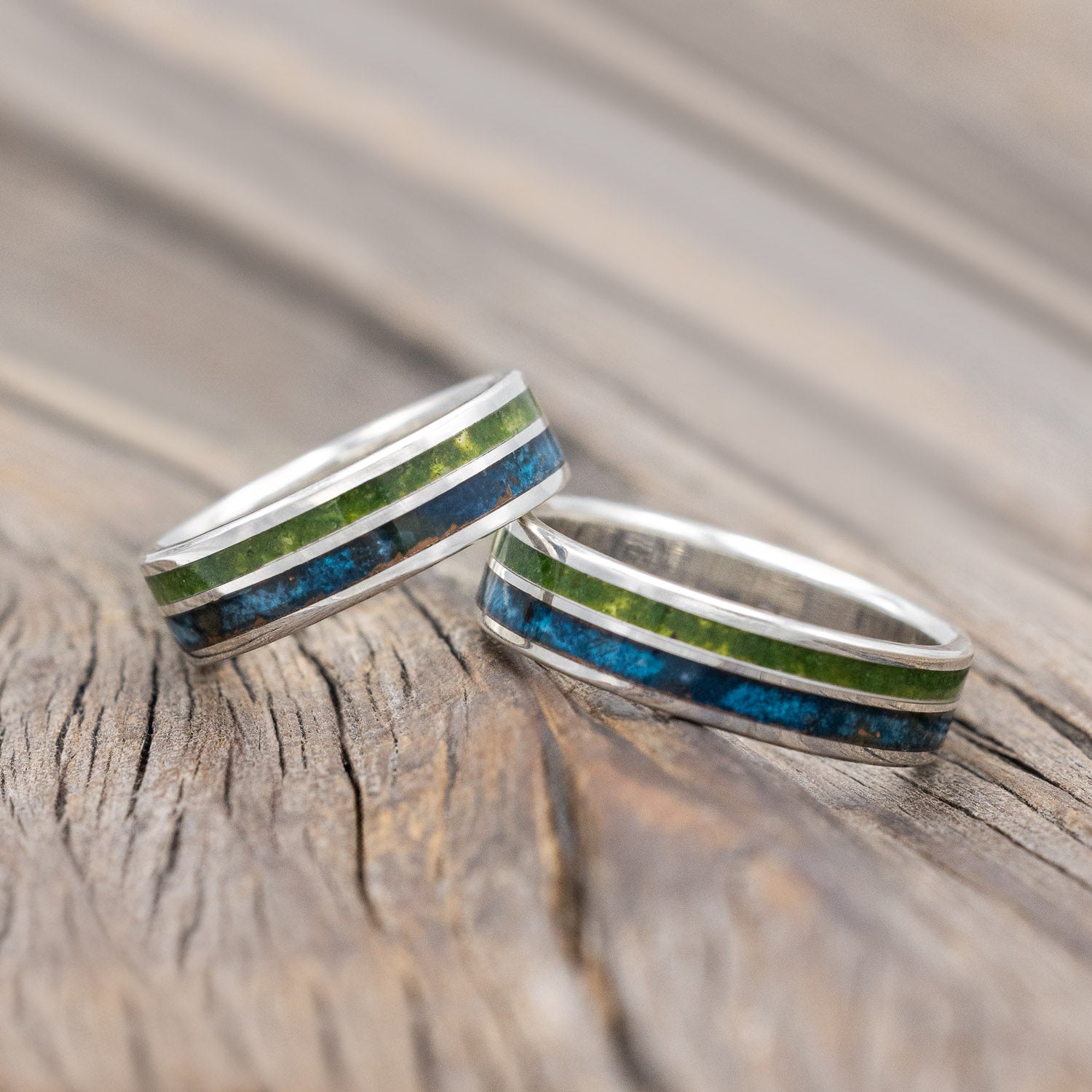 "RAPTOR" - PATINA COPPER WITH MOLDAVITE & MOSS MIX WEDDING MATCHING SET-Staghead Designs