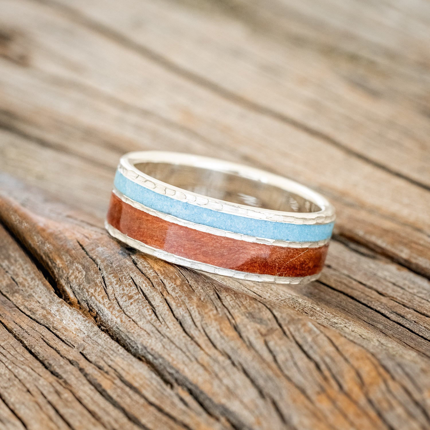"RAPTOR" - REDWOOD & TURQUOISE WEDDING RING FEATURING A HAMMERED BAND-8