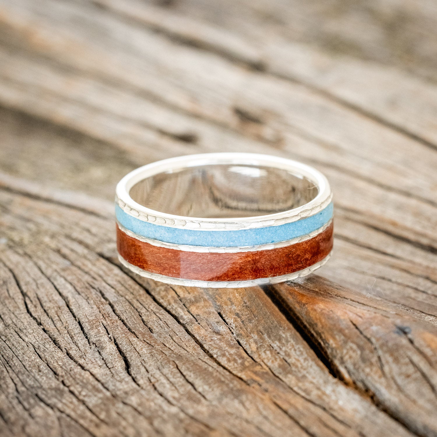 "RAPTOR" - REDWOOD & TURQUOISE WEDDING RING FEATURING A HAMMERED BAND-9