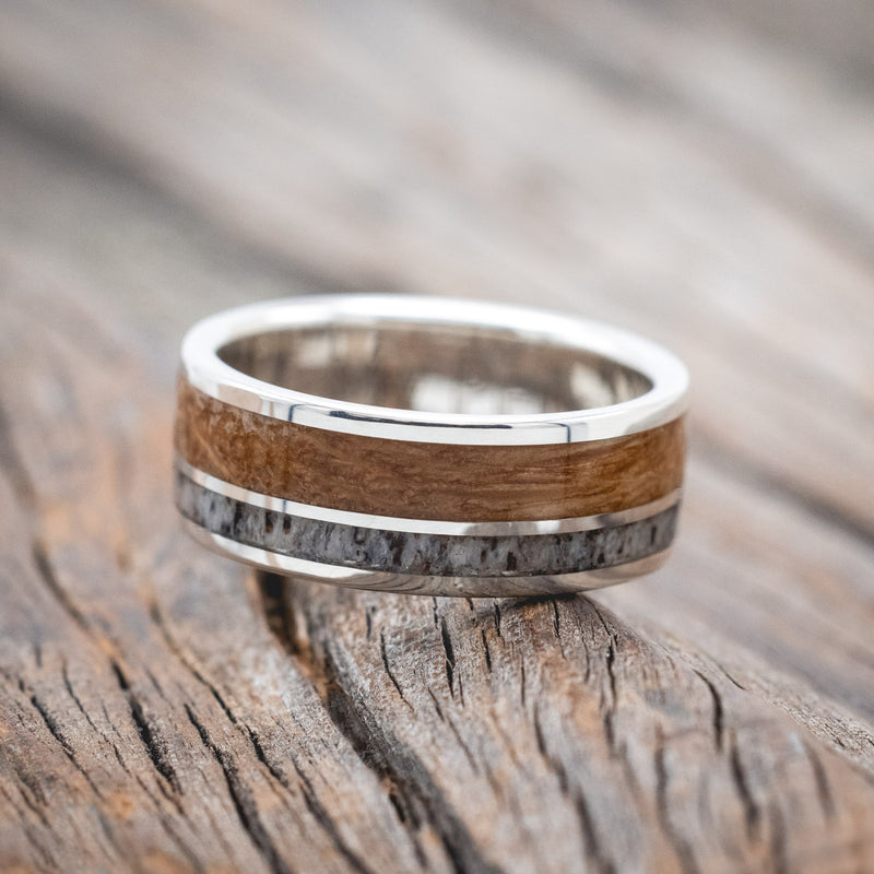 "RAPTOR" - WHISKEY BARREL OAK & ELK ANTLER WEDDING BAND-Staghead Designs