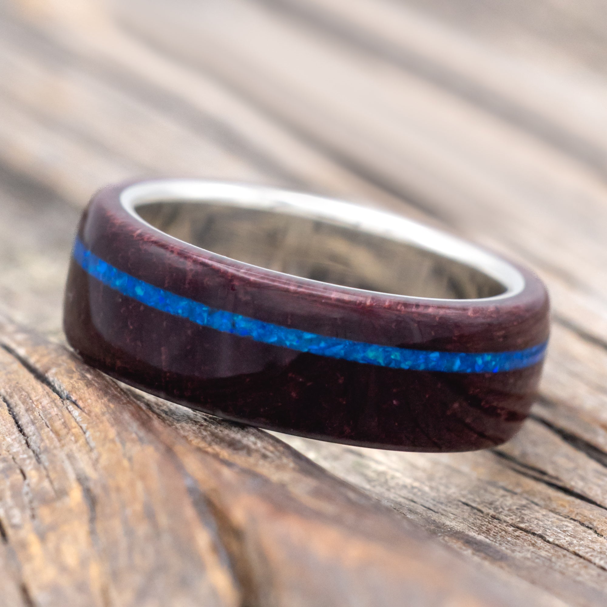 "REMMY" - PURPLE HEART WOOD WEDDING BAND WITH A BLUE OPAL INLAY-Staghead Designs