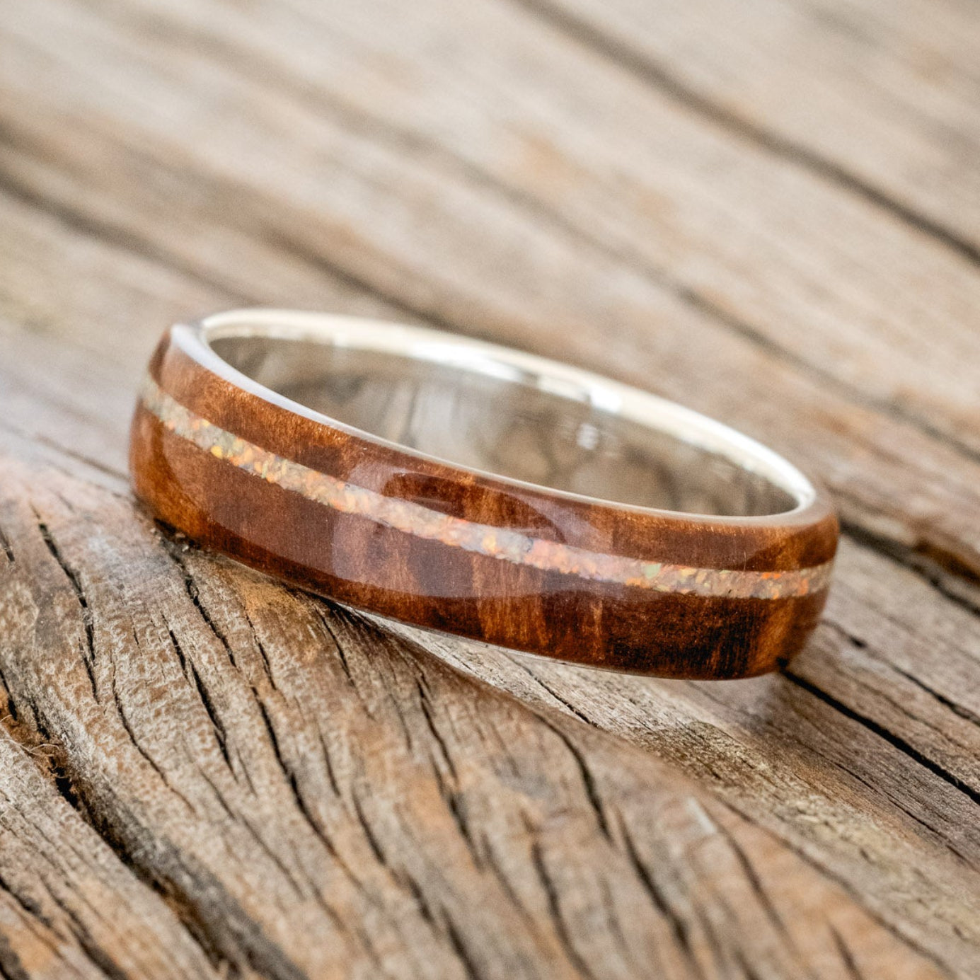 "REMMY" - REDWOOD & FIRE & ICE OPAL INLAY WEDDING RING-2