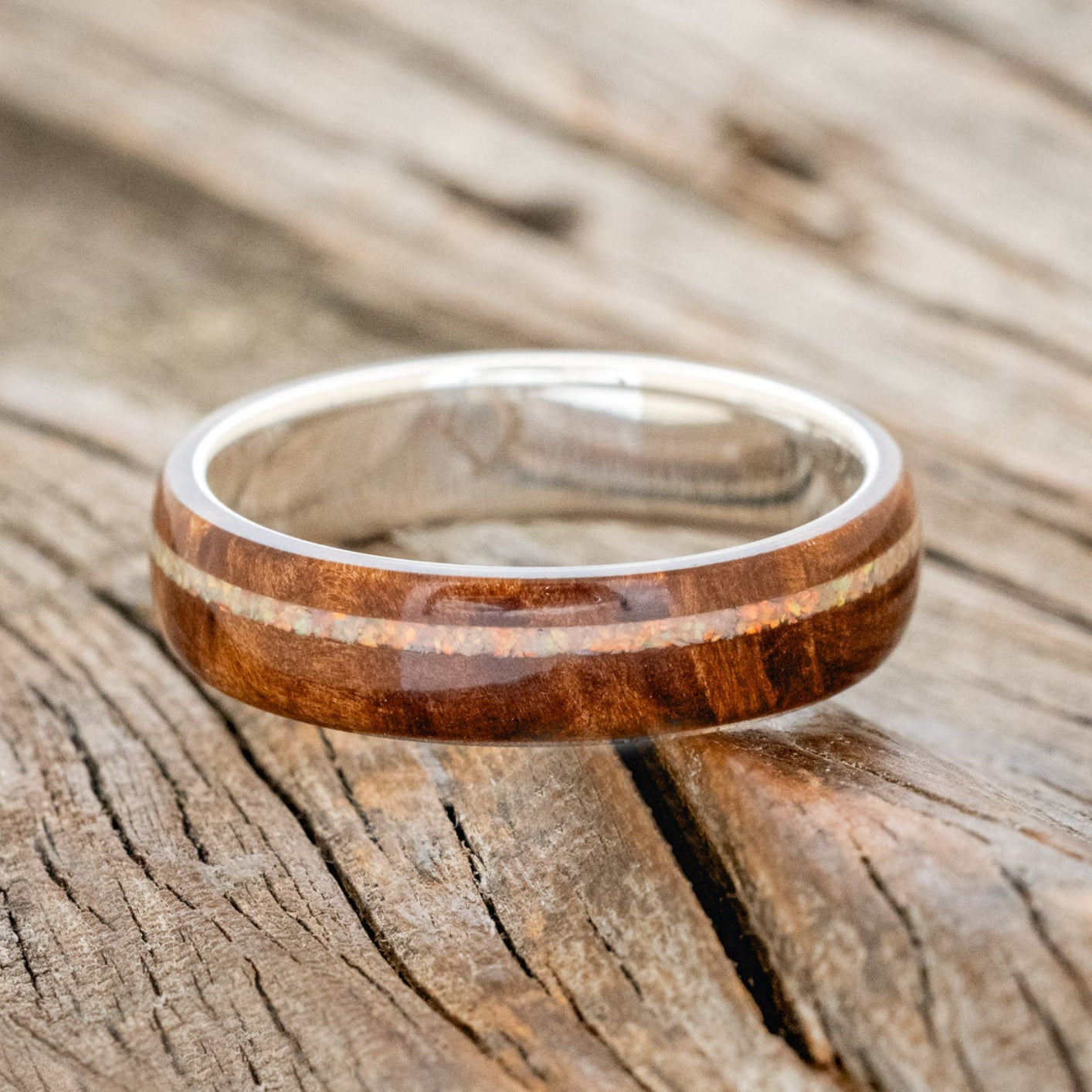"REMMY" - REDWOOD & FIRE & ICE OPAL INLAY WEDDING RING-3