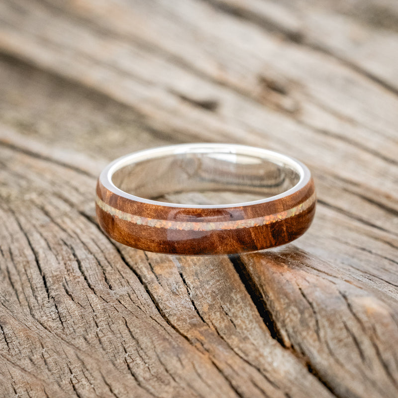 "REMMY" - REDWOOD & FIRE & ICE OPAL INLAY WEDDING RING-3