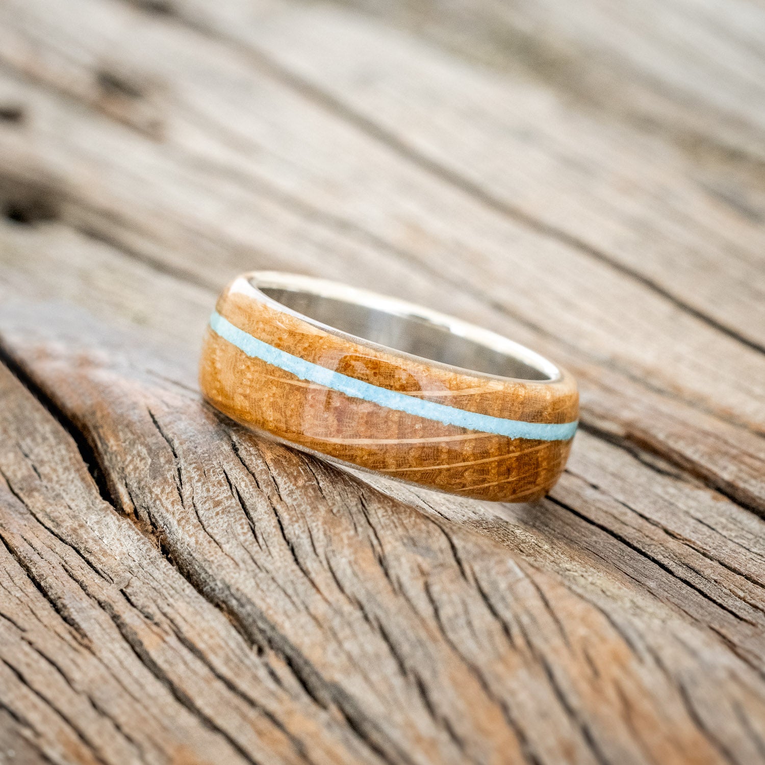 "REMMY" - WHISKEY BARREL OAK & TURQUOISE WEDDING BAND-8