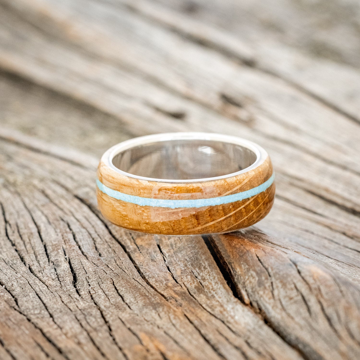 "REMMY" - WHISKEY BARREL OAK & TURQUOISE WEDDING BAND-9
