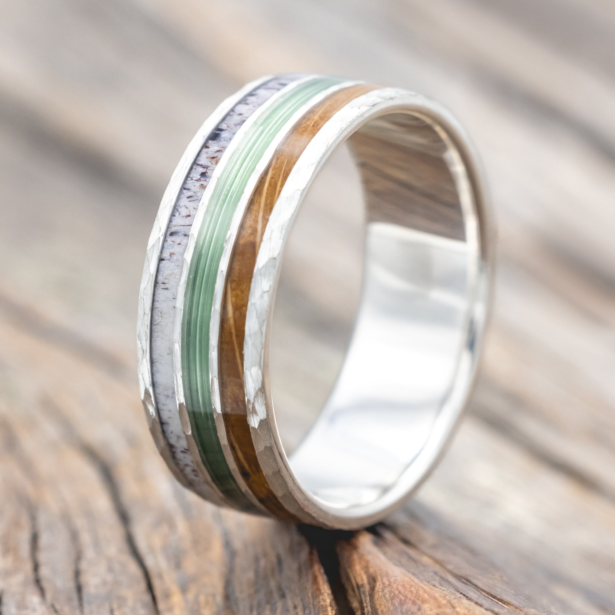 "RIO" - ANTLER, WHISKEY BARREL OAK & GREEN MONO FISHING LINE WEDDING BAND WITH A HAMMERED FINISH-Staghead Designs