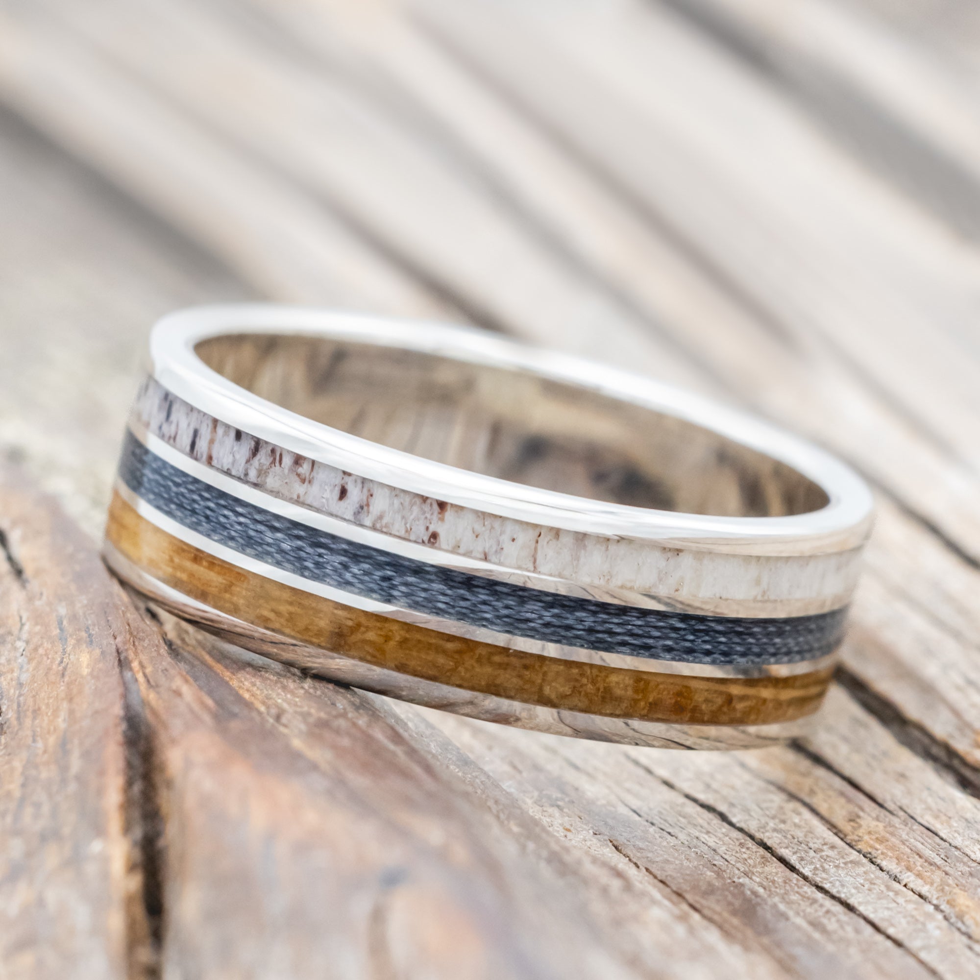"RIO" - ANTLER, WHISKEY BARREL OAK & GREY BRAIDED FISHING LINE WEDDING BAND-Staghead Designs