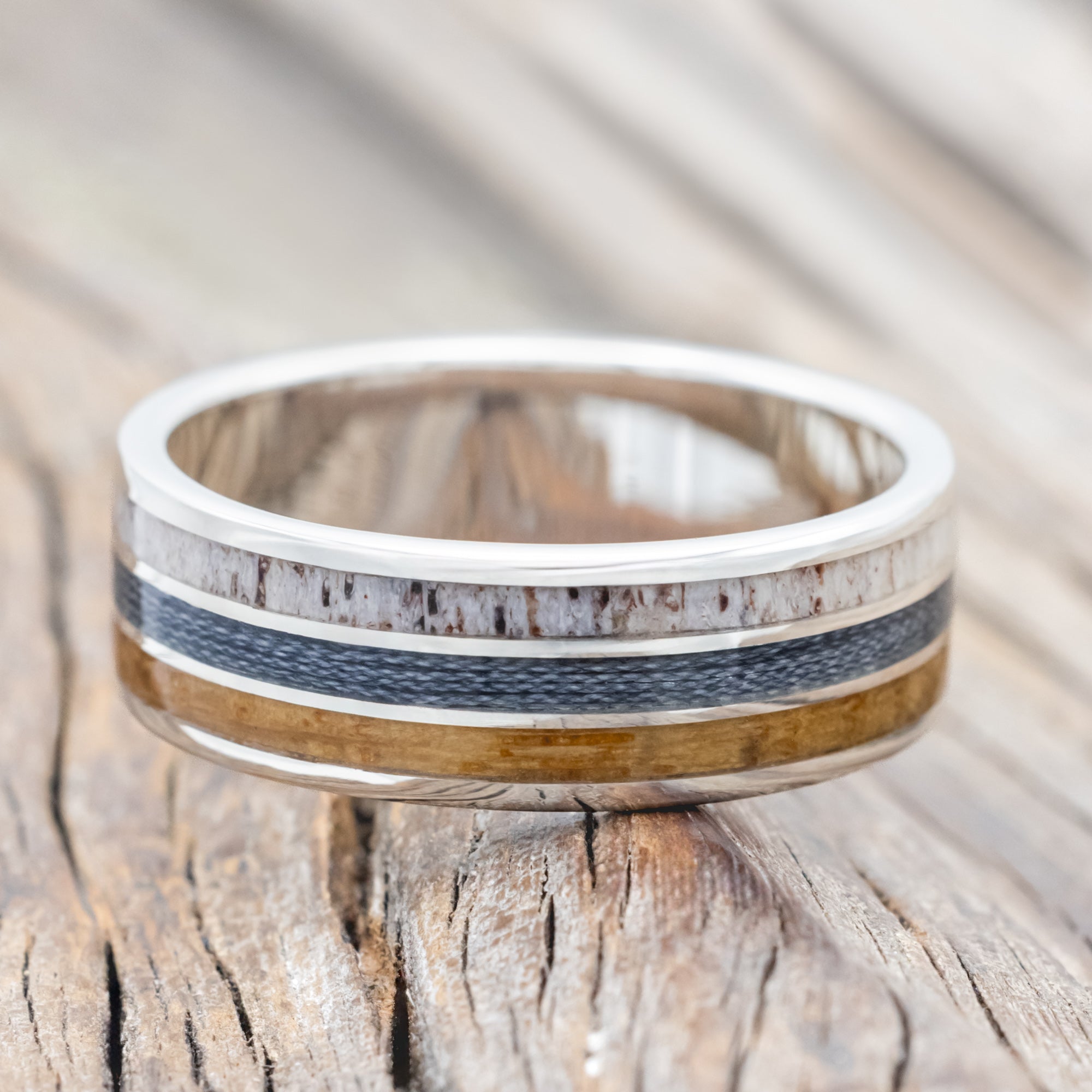 "RIO" - ANTLER, WHISKEY BARREL OAK & GREY BRAIDED FISHING LINE WEDDING BAND-Staghead Designs
