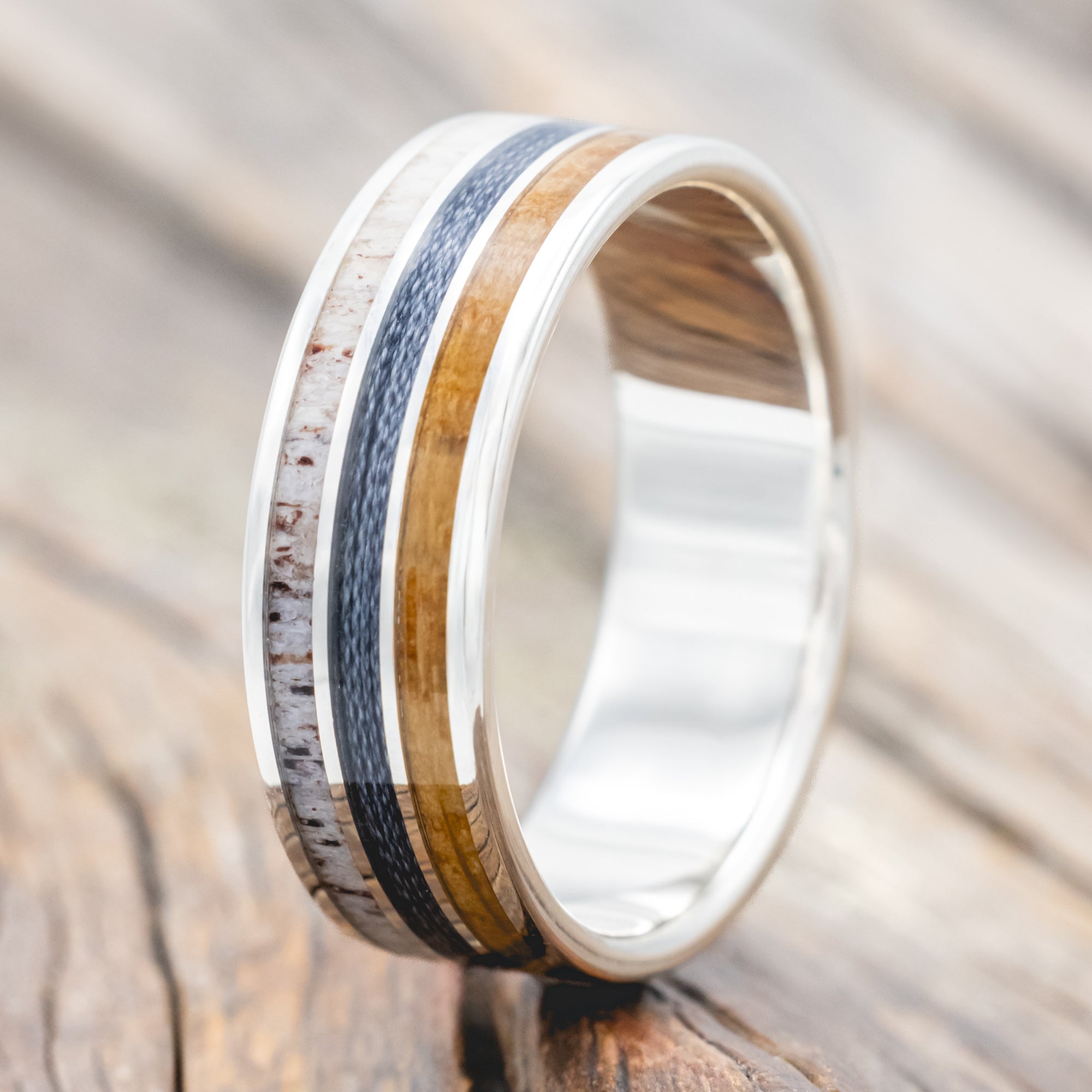 "RIO" - ANTLER, WHISKEY BARREL OAK & GREY BRAIDED FISHING LINE WEDDING BAND-Staghead Designs