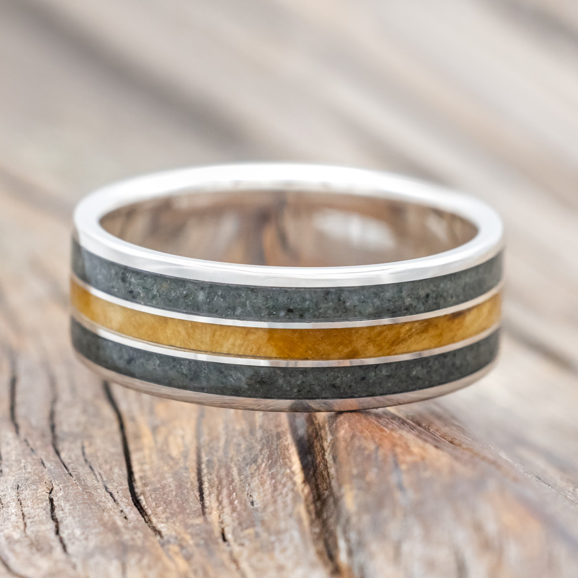 "RIO" - MOSS AGATE & BUCKEYE BURL WEDDING RING-Staghead Designs