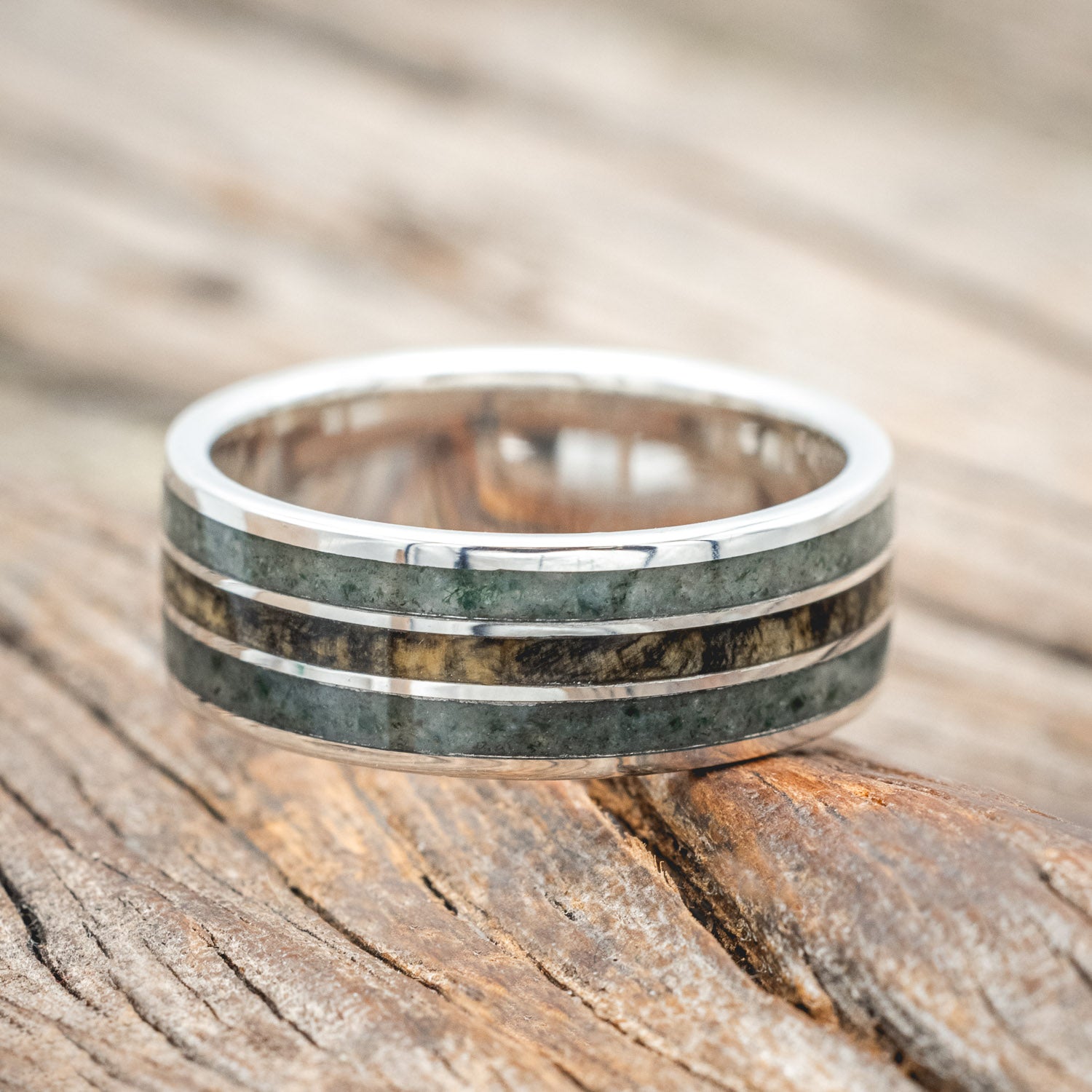 "RIO" - MOSS AGATE & BUCKEYE BURL WEDDING RING-Staghead Designs