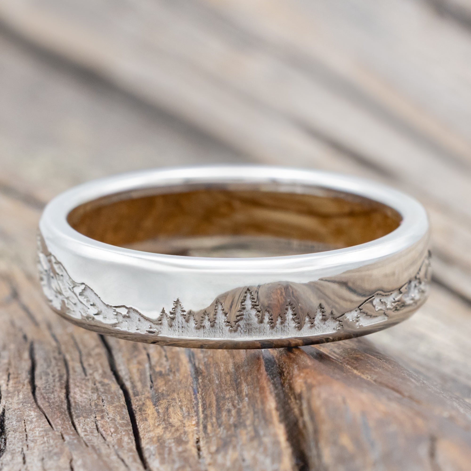"Ross" - Mountain & Forest Engraved Wedding Band With Custom Lining
