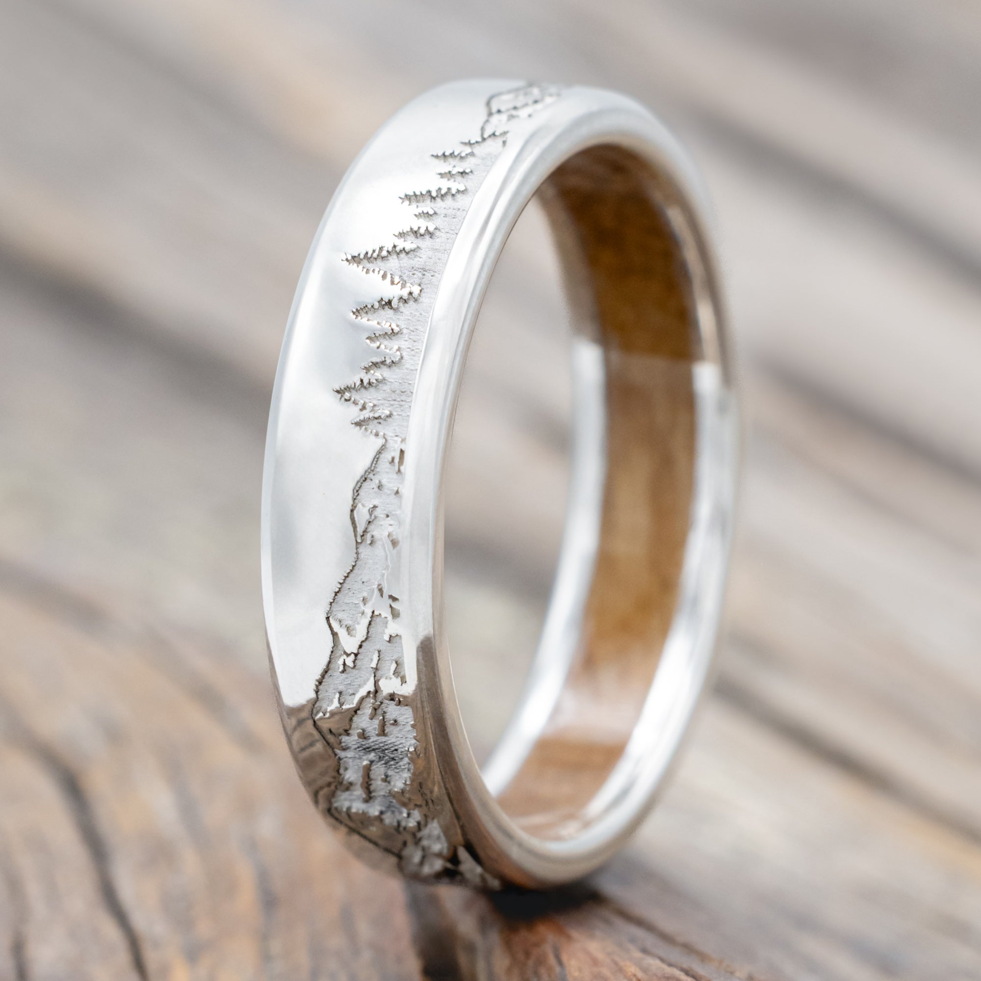 "Ross" - Mountain & Forest Engraved Wedding Band With Custom Lining