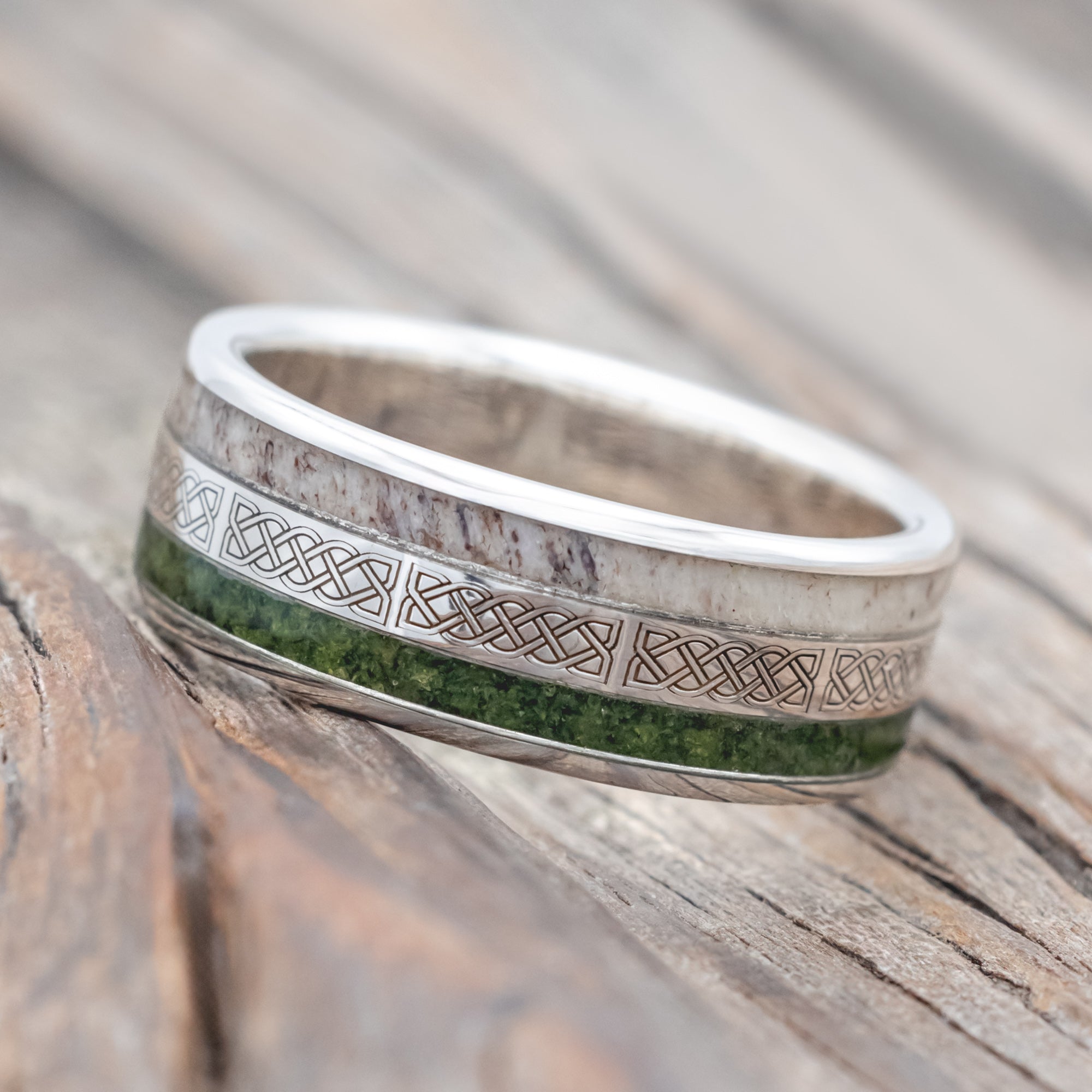 "RYDER" - CELTIC SAILOR'S KNOT ENGRAVED WEDDING BAND WITH ANTLER & MOSS-Staghead Designs