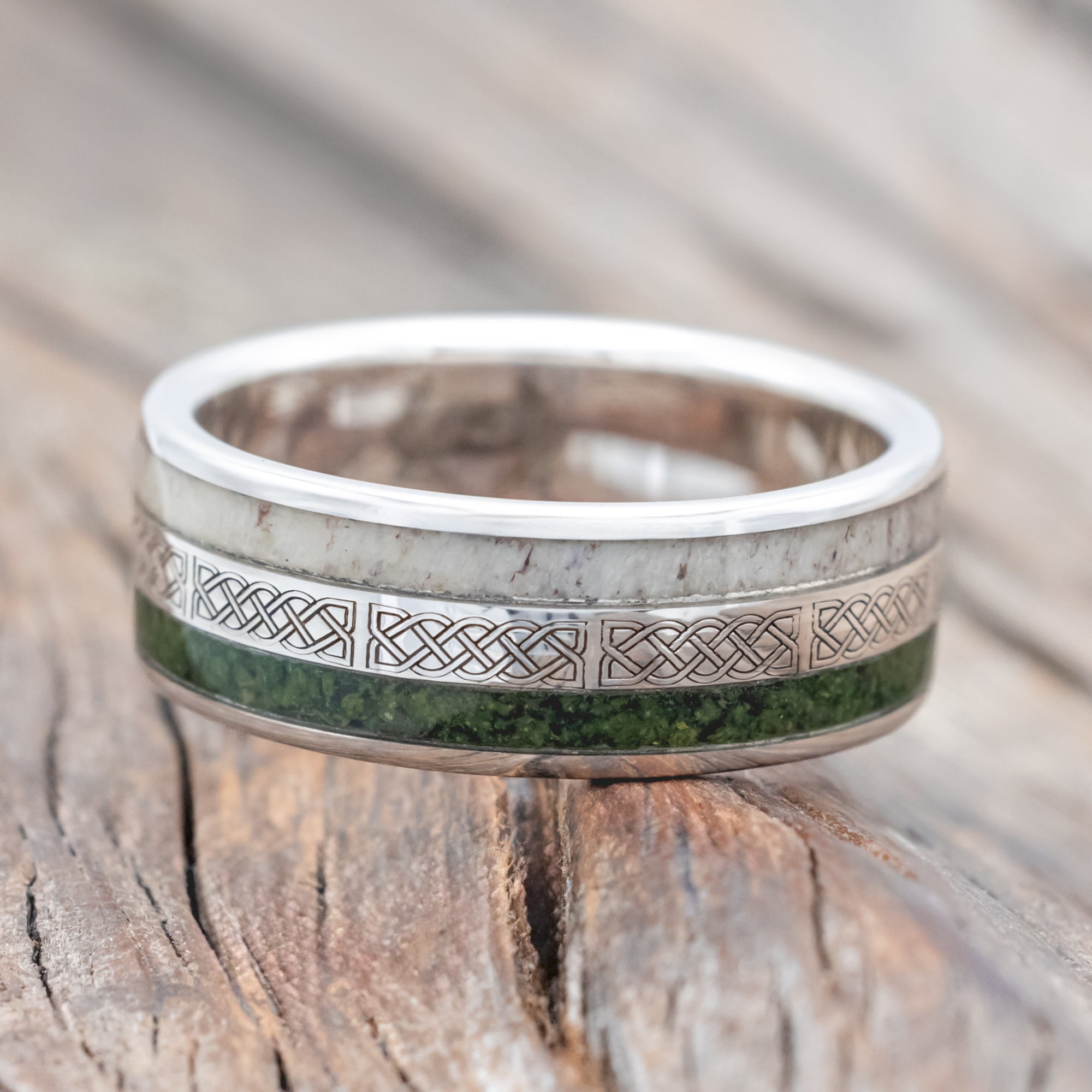 "RYDER" - CELTIC SAILOR'S KNOT ENGRAVED WEDDING BAND WITH ANTLER & MOSS-Staghead Designs