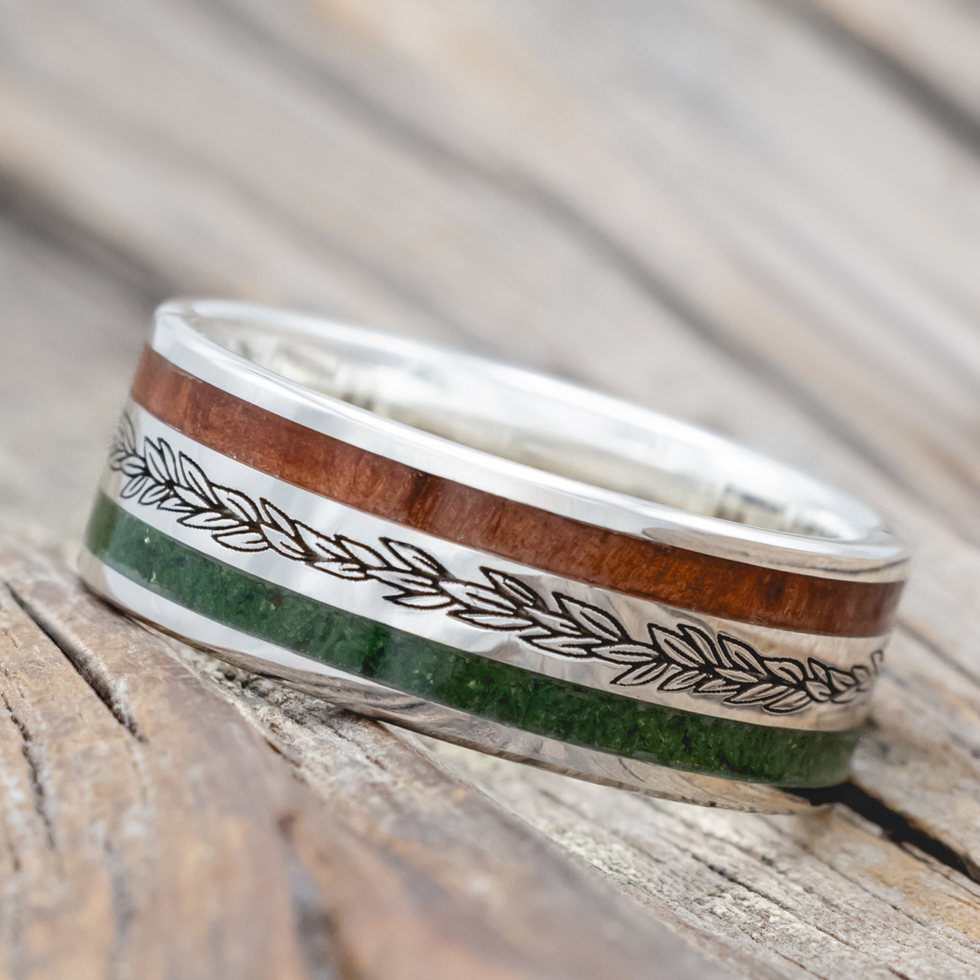 "Ryder" - Laurel Engraved Wedding Ring With Redwood & Moss-Staghead Designs