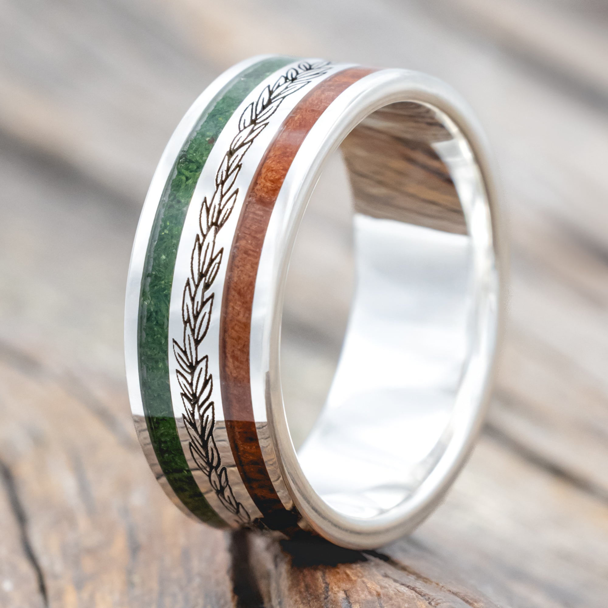 "Ryder" - Laurel Engraved Wedding Ring With Redwood & Moss-Staghead Designs