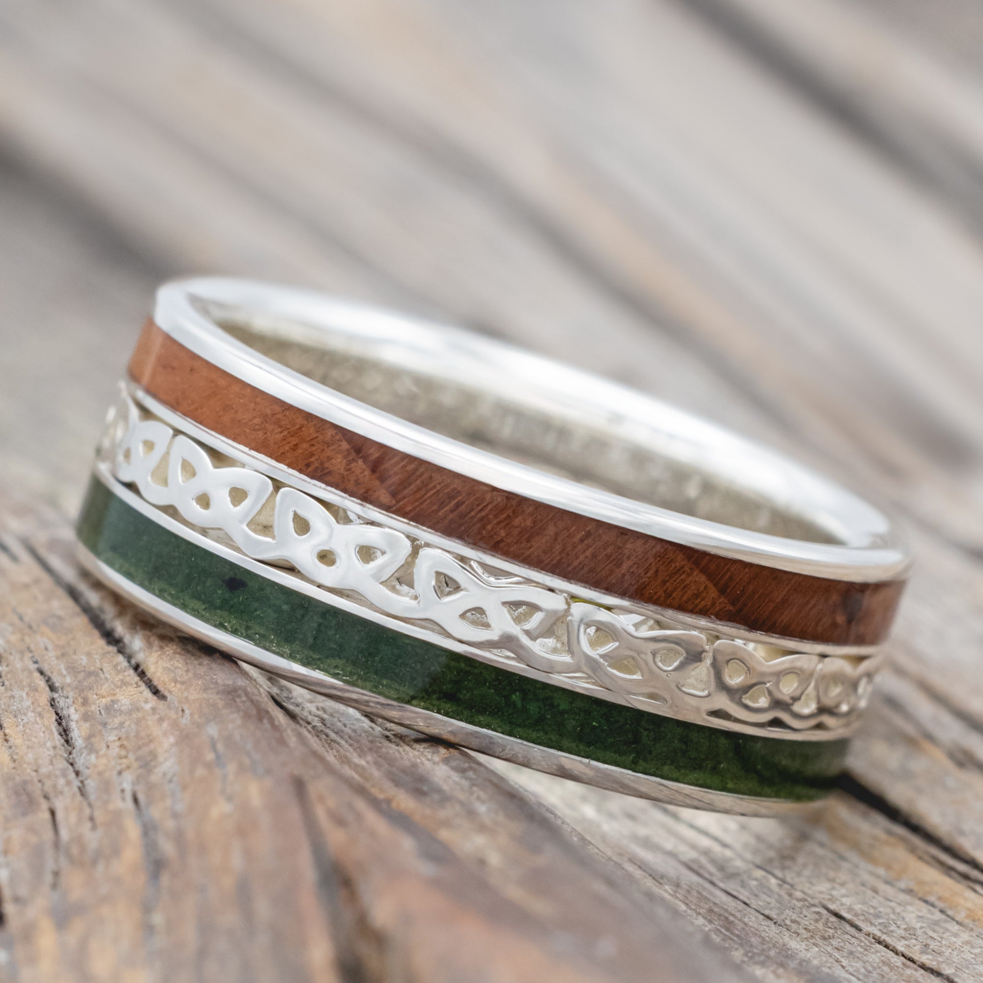 "Ryder" - Moss & Redwood Wedding Ring With Celtic Love Knot Cutout