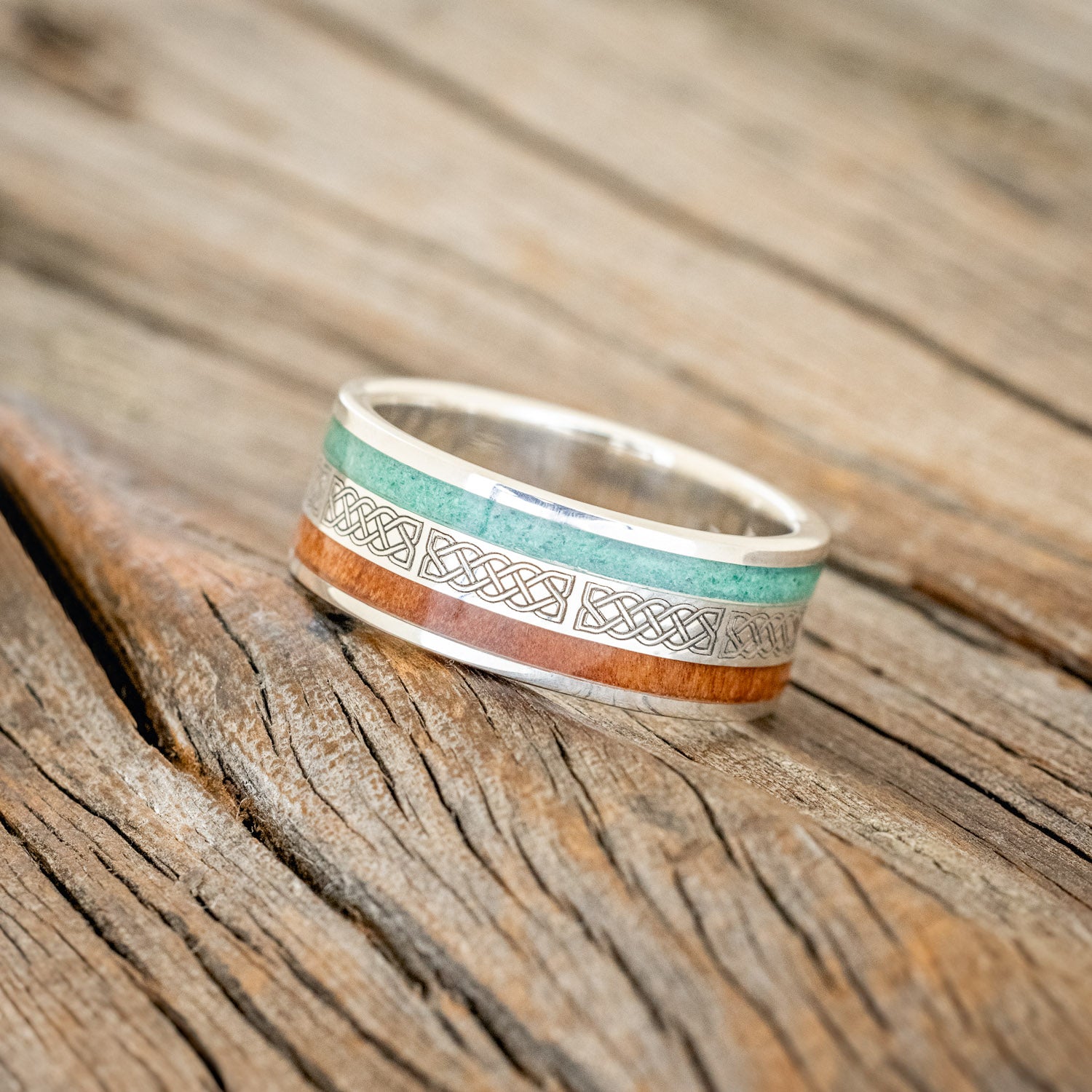 "RYDER" - CELTIC SAILOR'S KNOT ENGRAVED, MALACHITE & IRONWOOD WEDDING RING-5