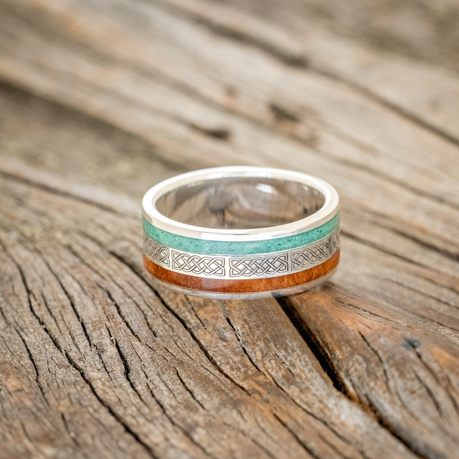 "RYDER" - CELTIC SAILOR'S KNOT ENGRAVED, MALACHITE & IRONWOOD WEDDING RING-6