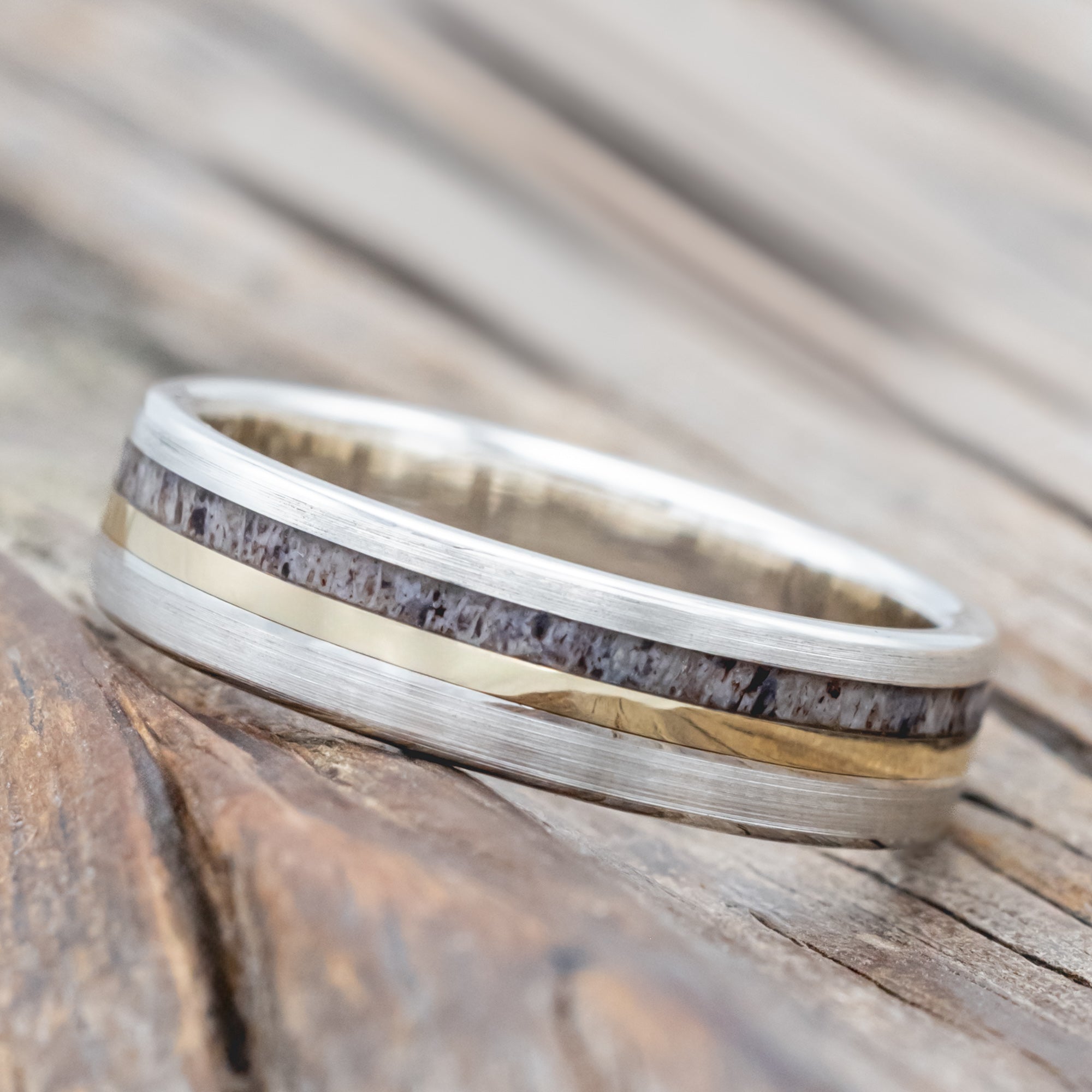 "TANNER" - ANTLER & 14K GOLD INLAY WEDDING BAND WITH A BRUSHED FINISH