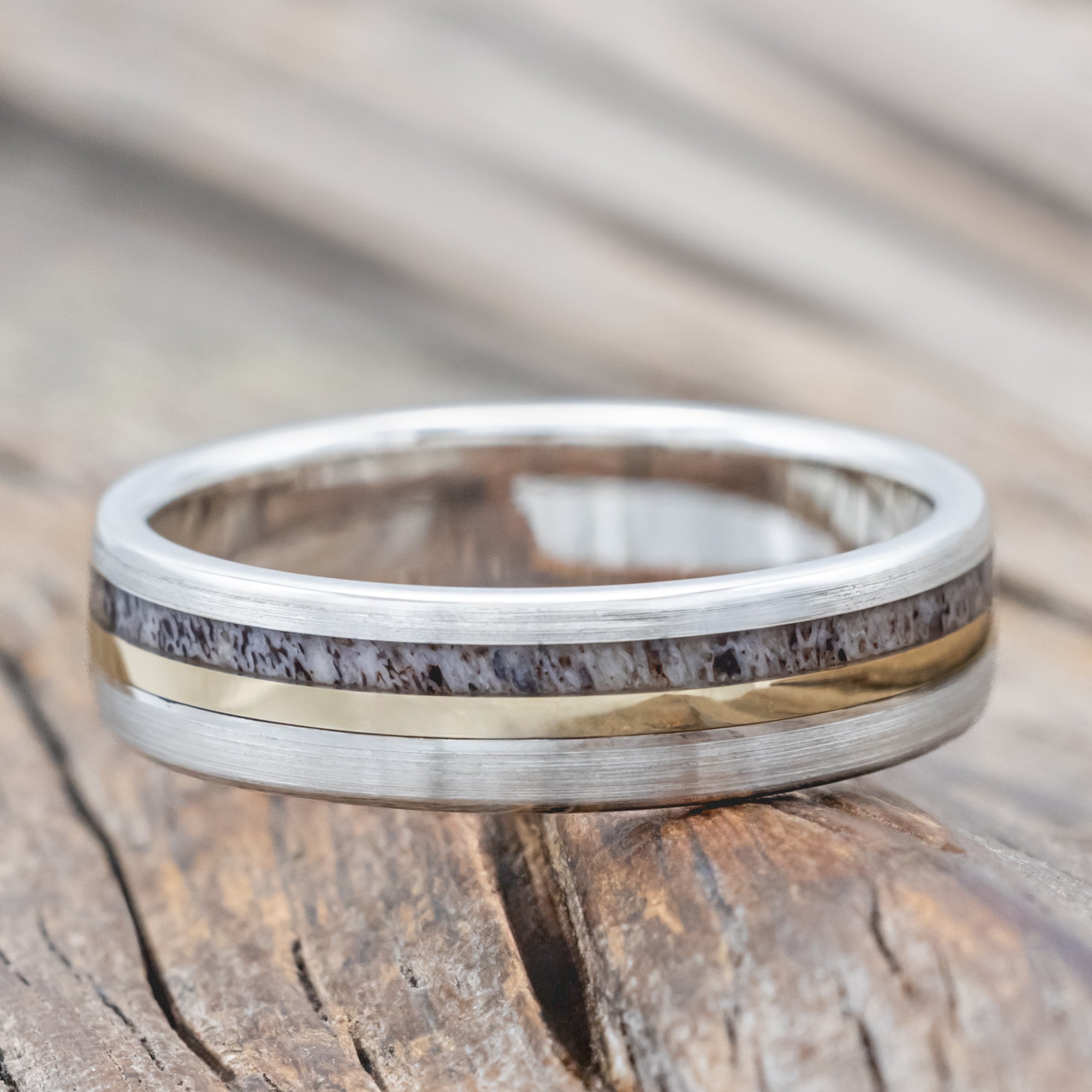 "TANNER" - ANTLER & 14K GOLD INLAY WEDDING BAND WITH A BRUSHED FINISH