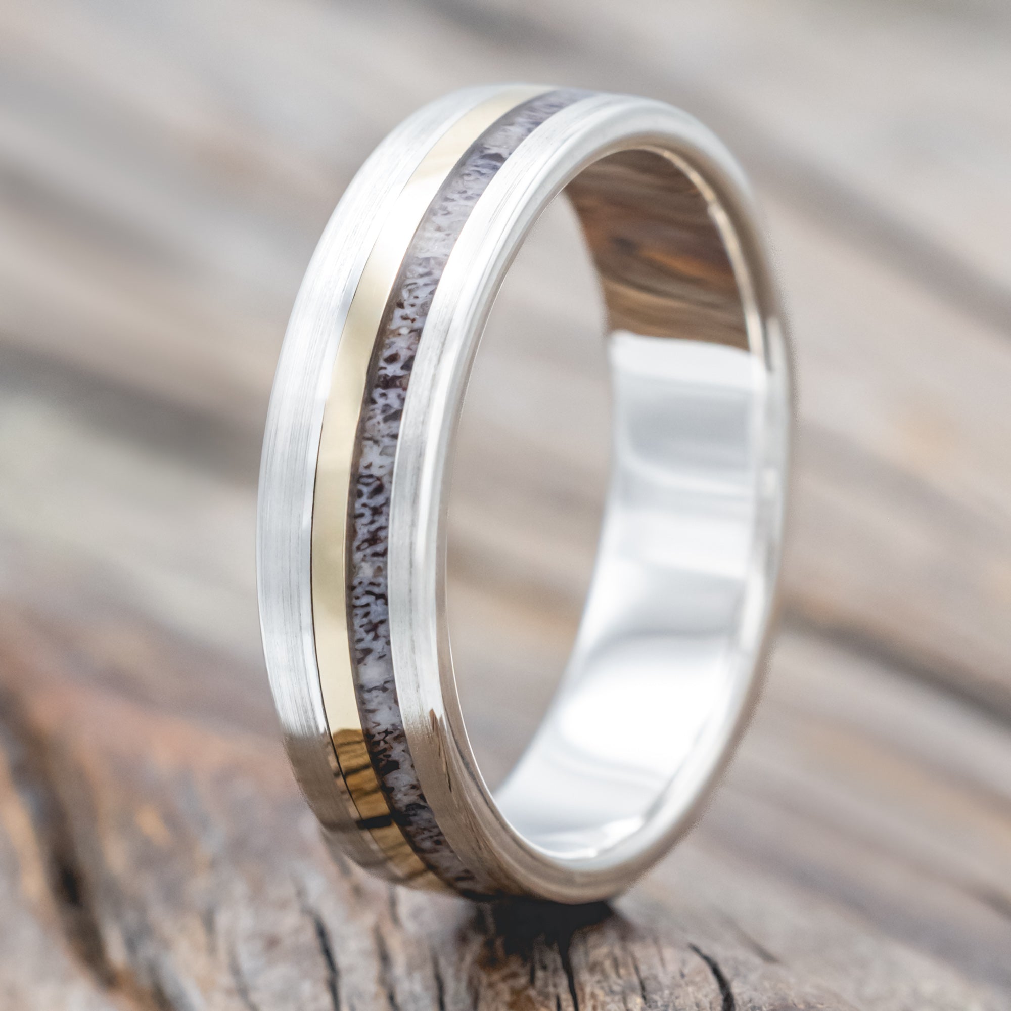 "TANNER" - ANTLER & 14K GOLD INLAY WEDDING BAND WITH A BRUSHED FINISH